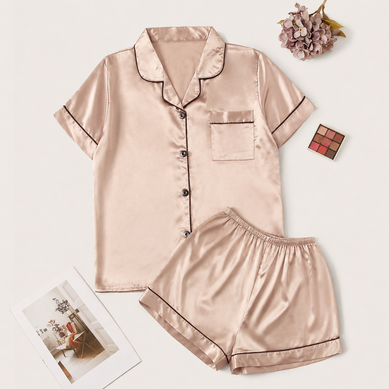 2 Piece Of Short Sleeve Button Front Turn Down Collar Pajama Set With Shorts For Women