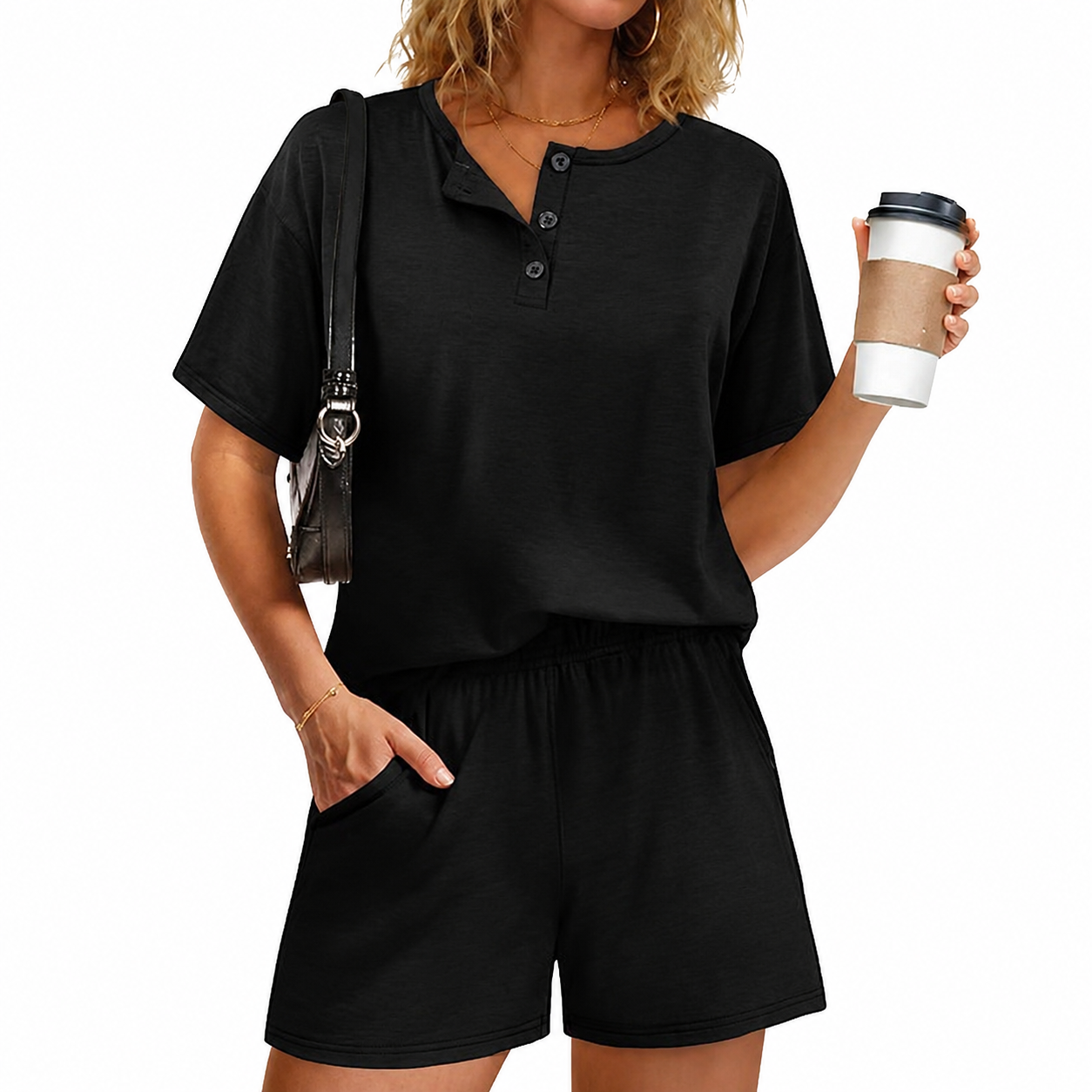 2 Piece Of Button Down Short Sleeve Tops And Shorts Set With Pockets For Women