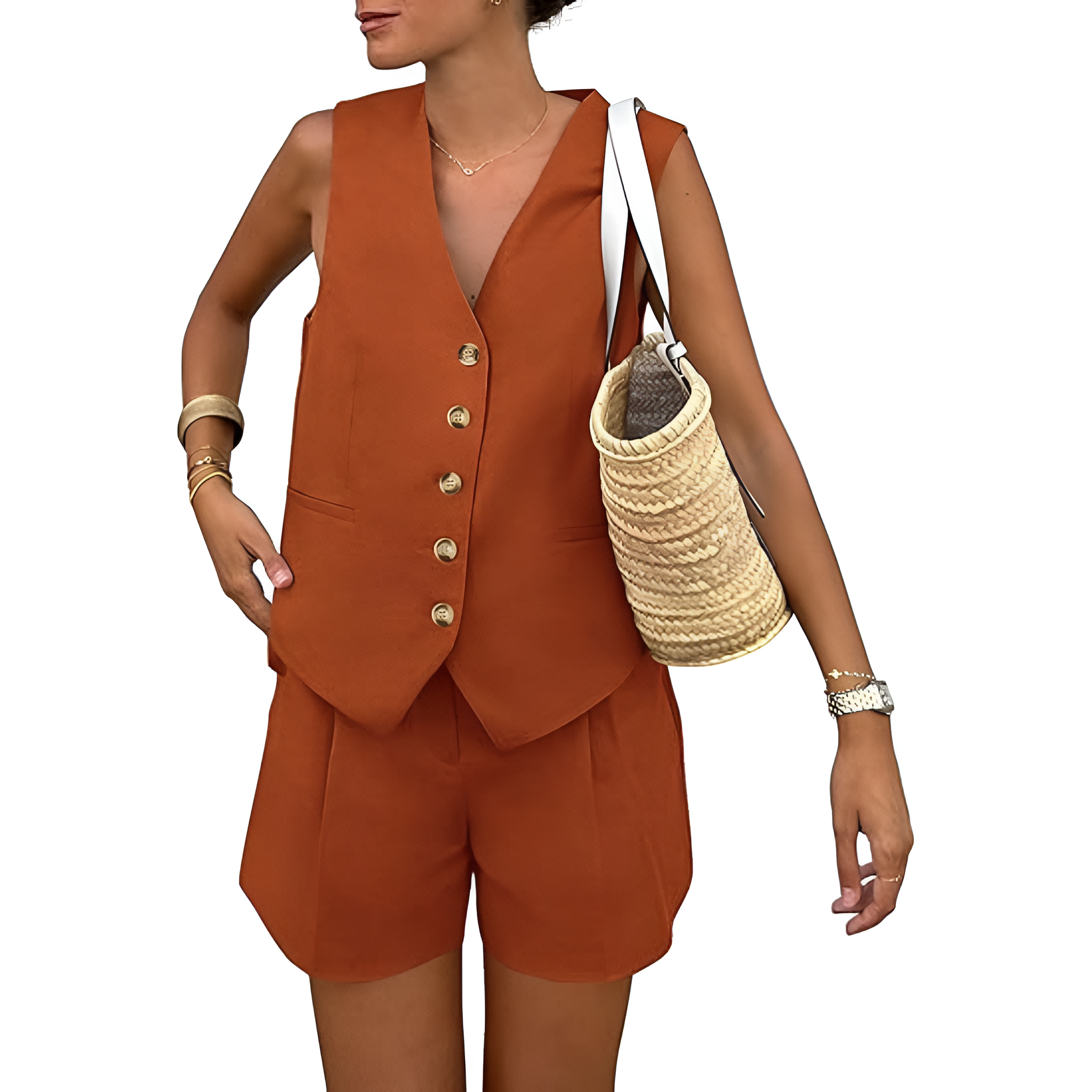 2 Pieces Of Summer Wear Sleeveless Button Down Vest And Shorts Matching Set