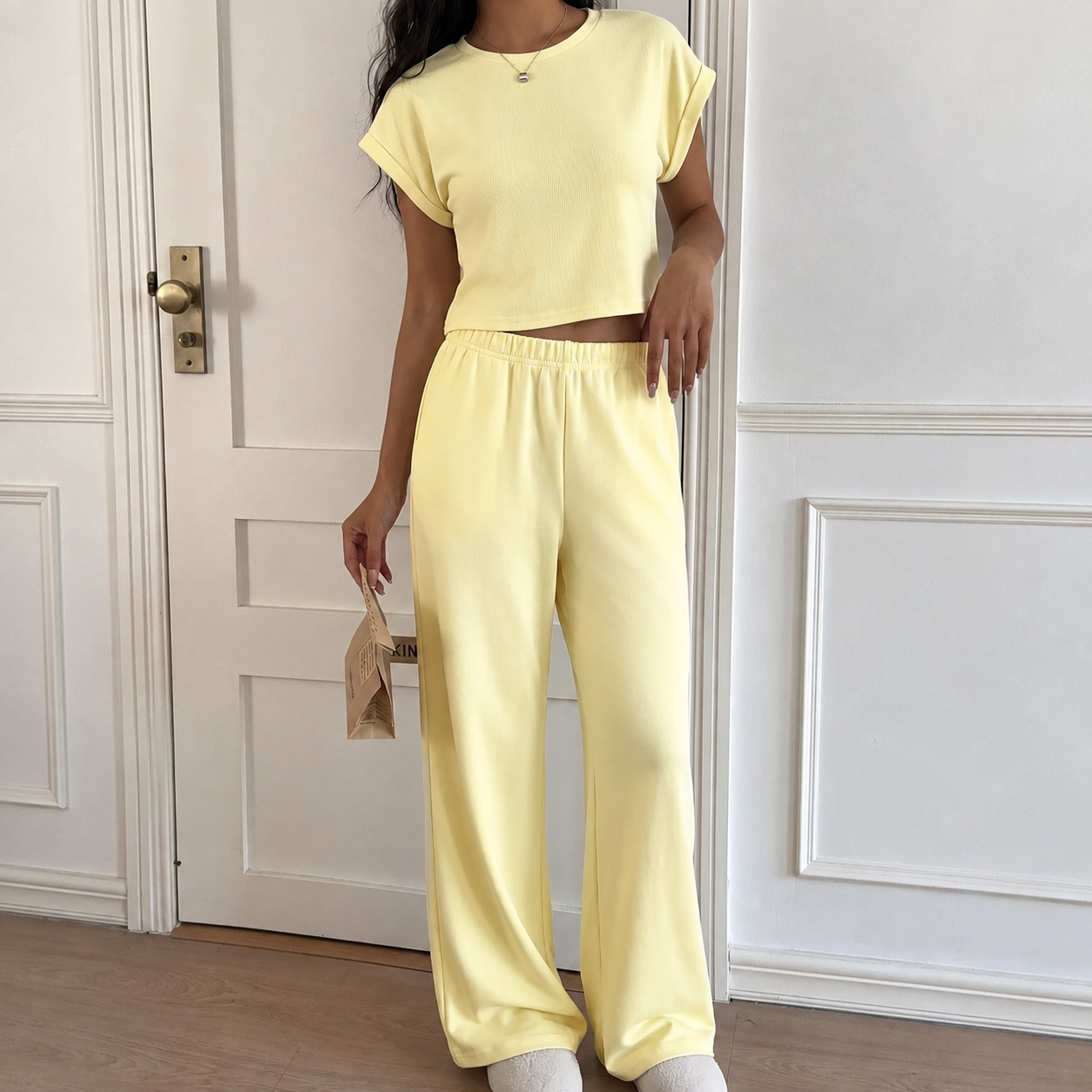 2 Pieces Knit Loungewear Top And Pants Set For Women