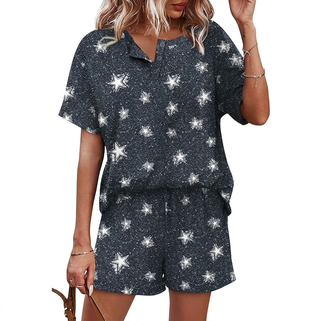 2 Piece Of Button Down Short Sleeve Tops And Shorts Set With Pockets For Women