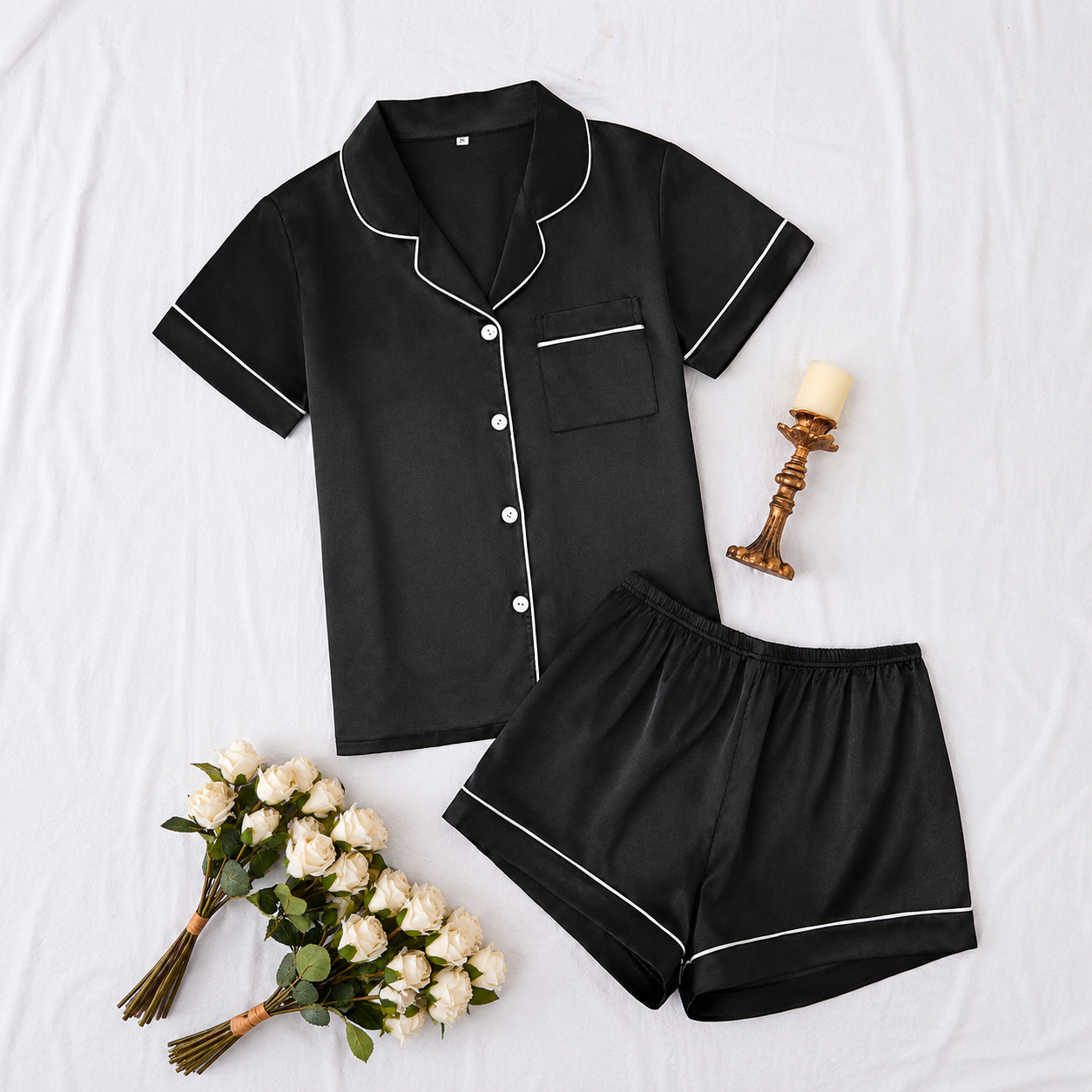 2 Piece Of Short Sleeve Button Front Turn Down Collar Pajama Set With Shorts For Women