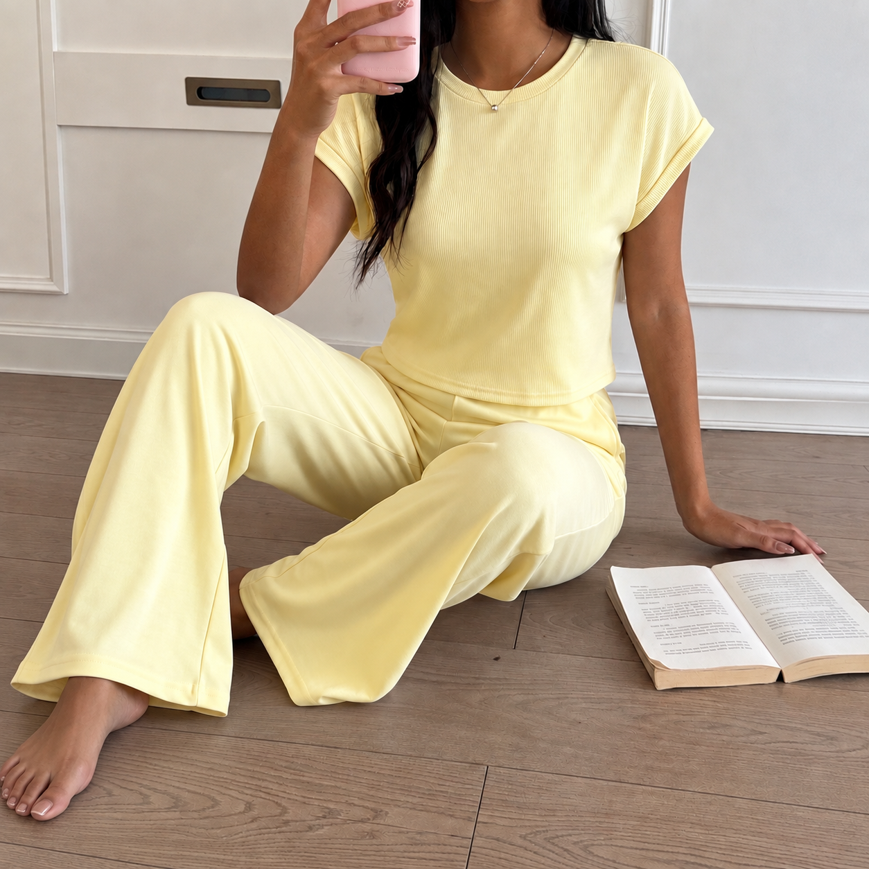2 Pieces Knit Loungewear Top And Pants Set For Women