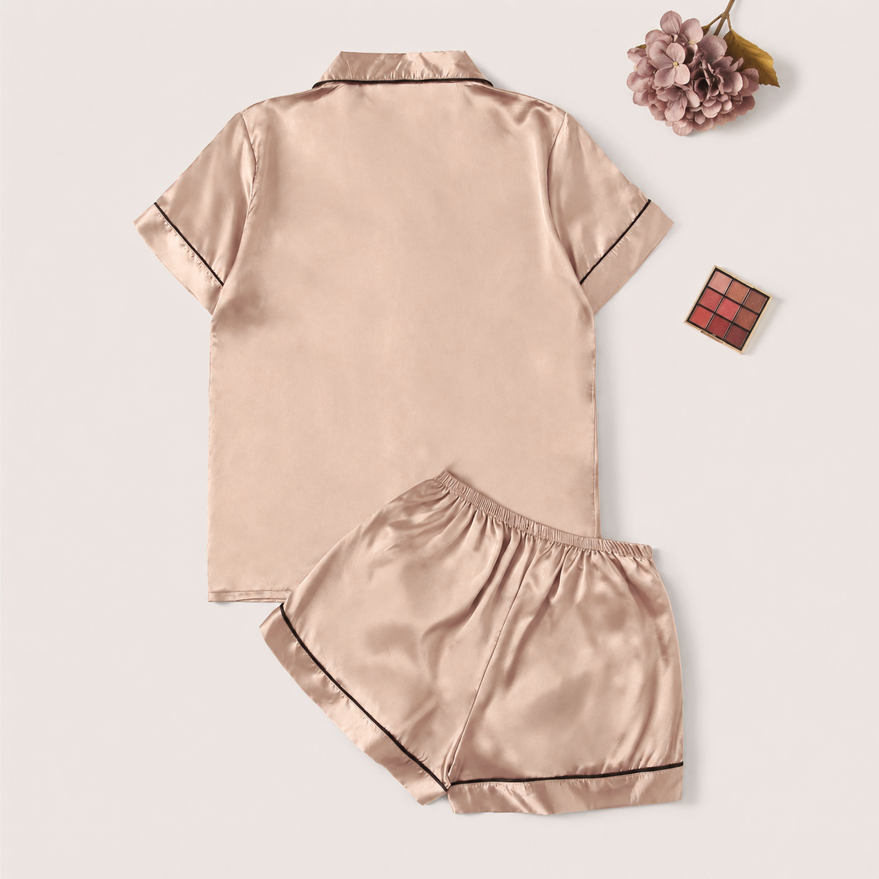 2 Piece Of Short Sleeve Button Front Turn Down Collar Pajama Set With Shorts For Women