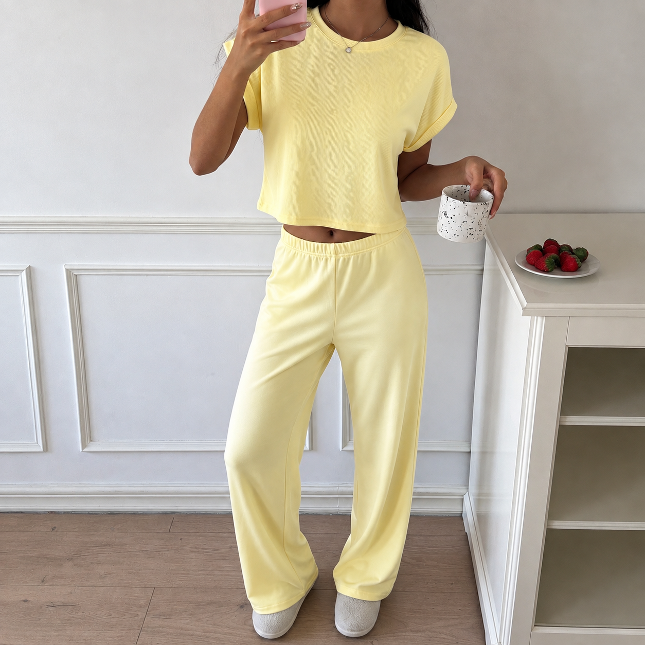 2 Pieces Knit Loungewear Top And Pants Set For Women