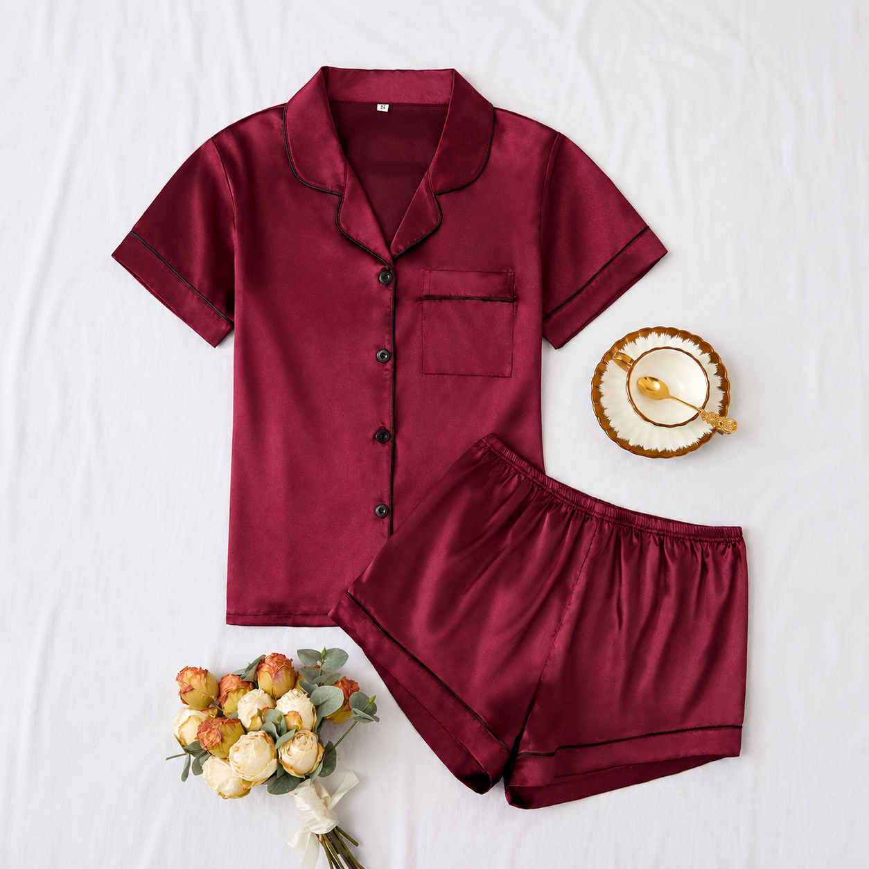 2 Piece Of Short Sleeve Button Front Turn Down Collar Pajama Set With Shorts For Women