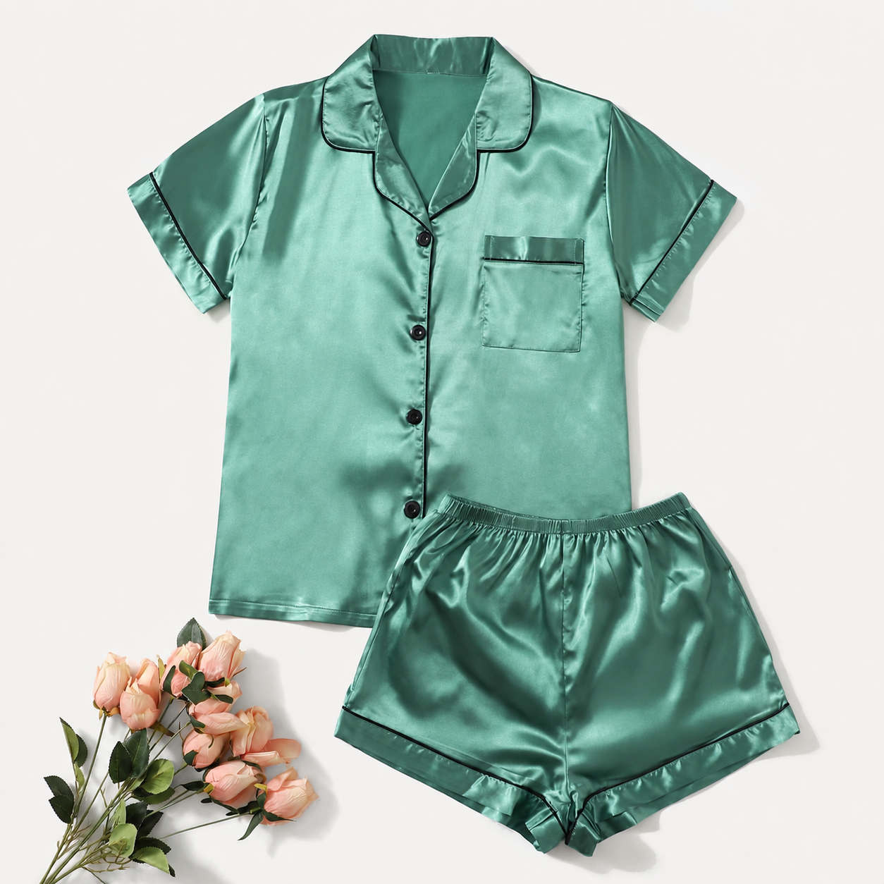 2 Piece Of Short Sleeve Button Front Turn Down Collar Pajama Set With Shorts For Women