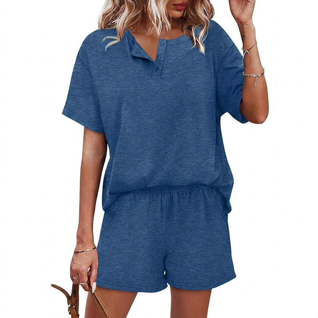 2 Piece Of Button Down Short Sleeve Tops And Shorts Set With Pockets For Women