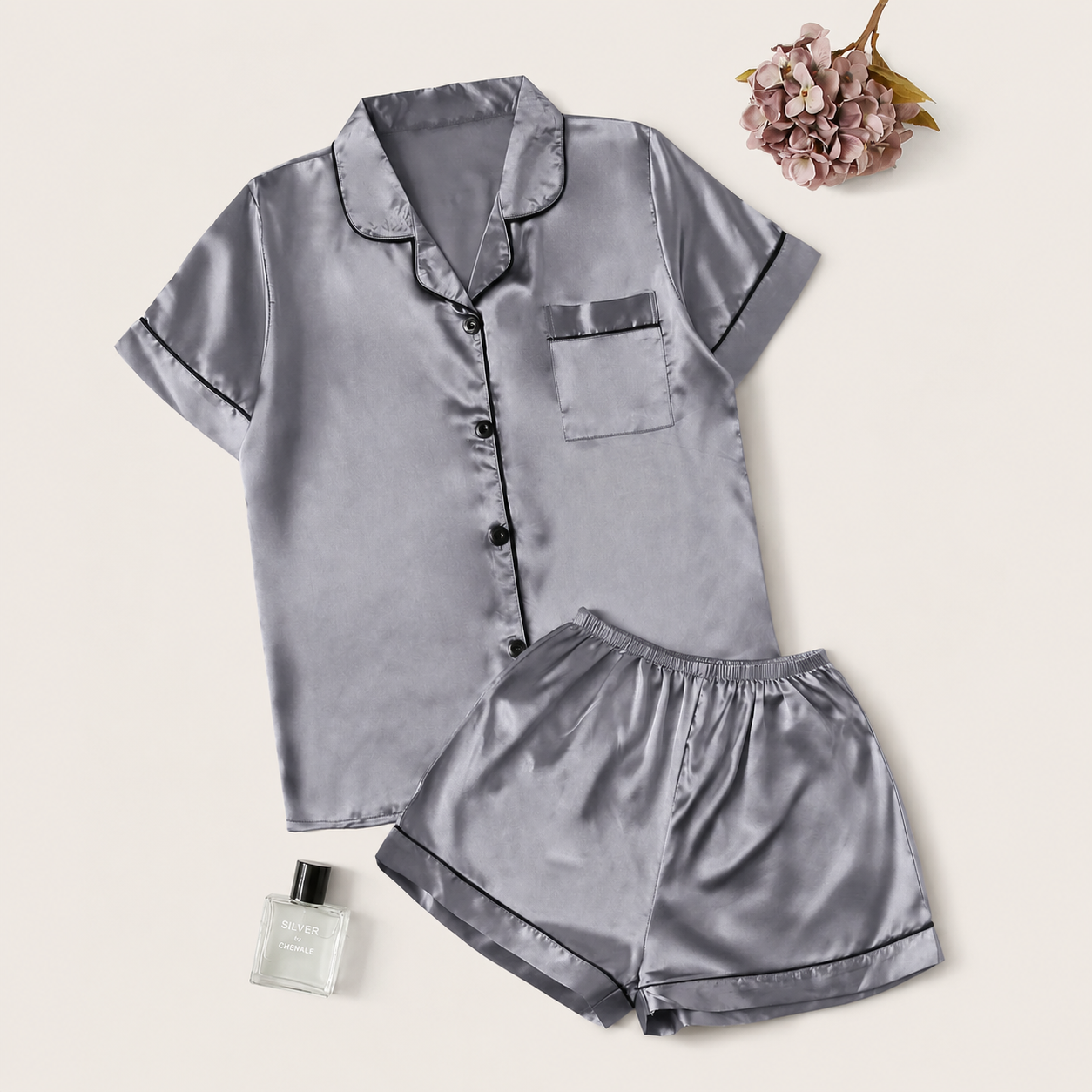 2 Piece Of Short Sleeve Button Front Turn Down Collar Pajama Set With Shorts For Women
