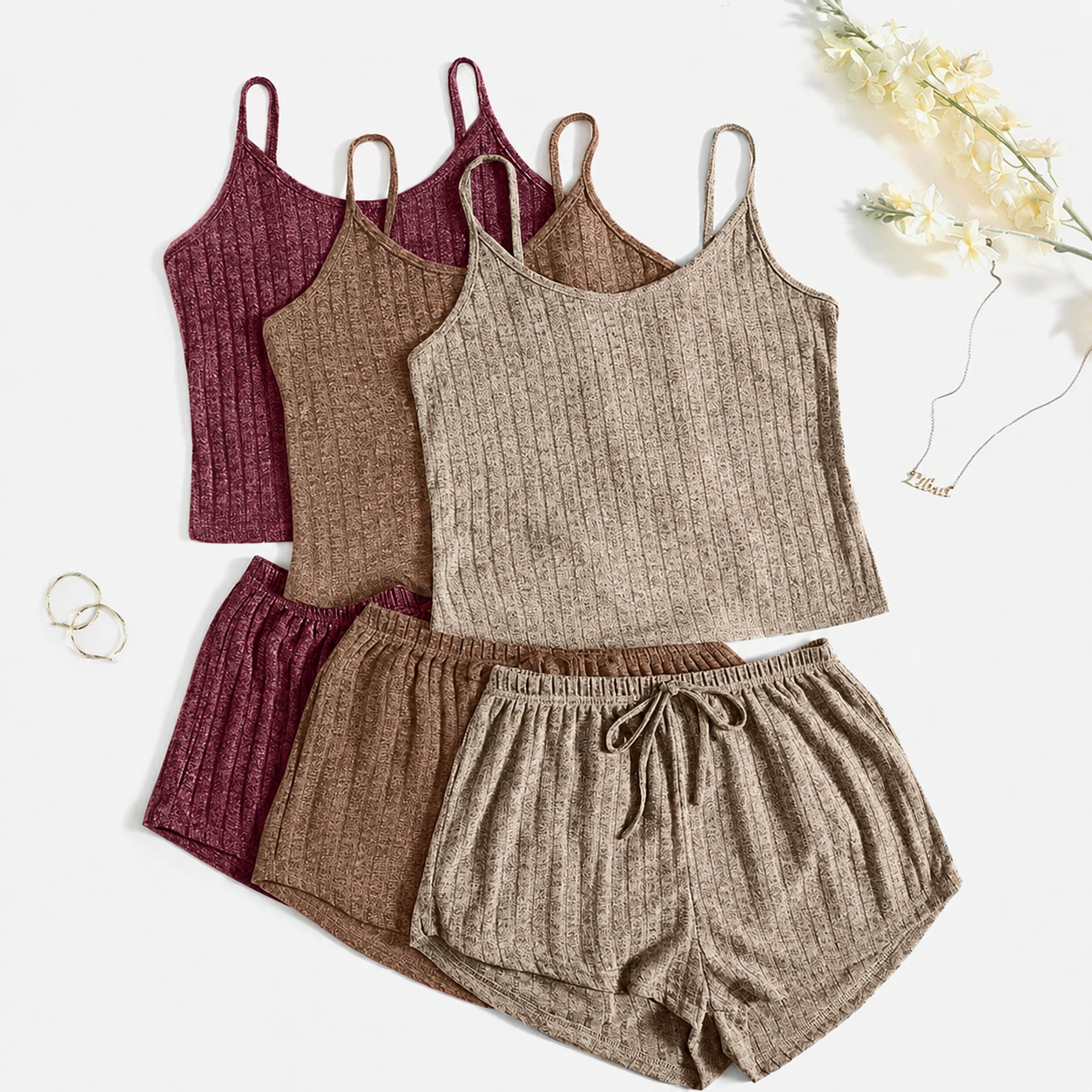 Pack Of 3 Of Solid Ribbed Knit Camisole Top And Shorts Pajama Set For Women