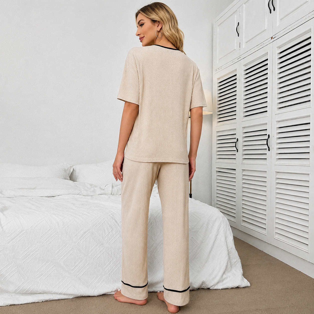 Casual Button Front Top And Pants Pajama Set For Women
