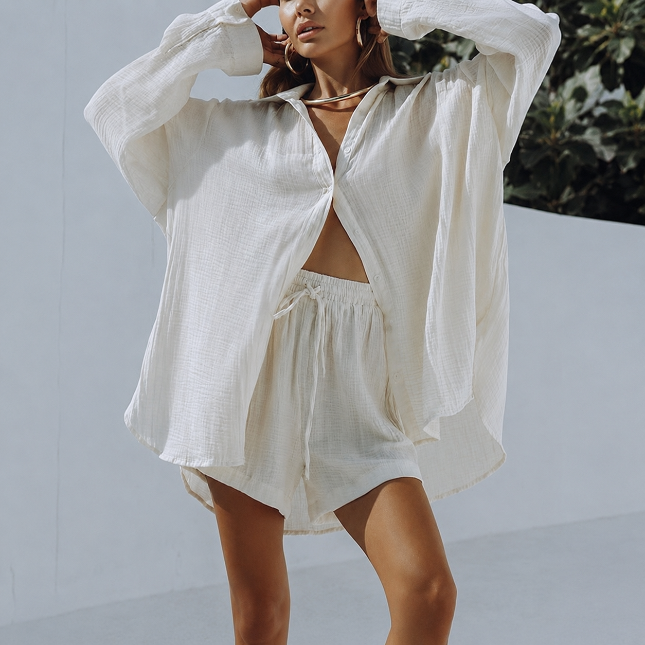 2 Piece Of Long Sleeve Button Down Blouse And Shorts Sweatsuit Sets For Women