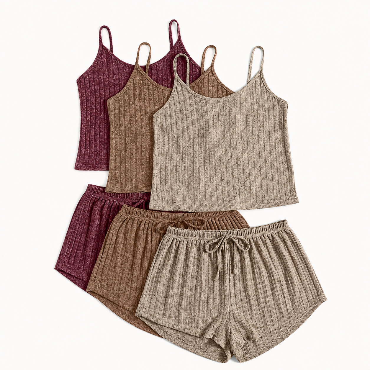 Pack Of 3 Of Solid Ribbed Knit Camisole Top And Shorts Pajama Set For Women
