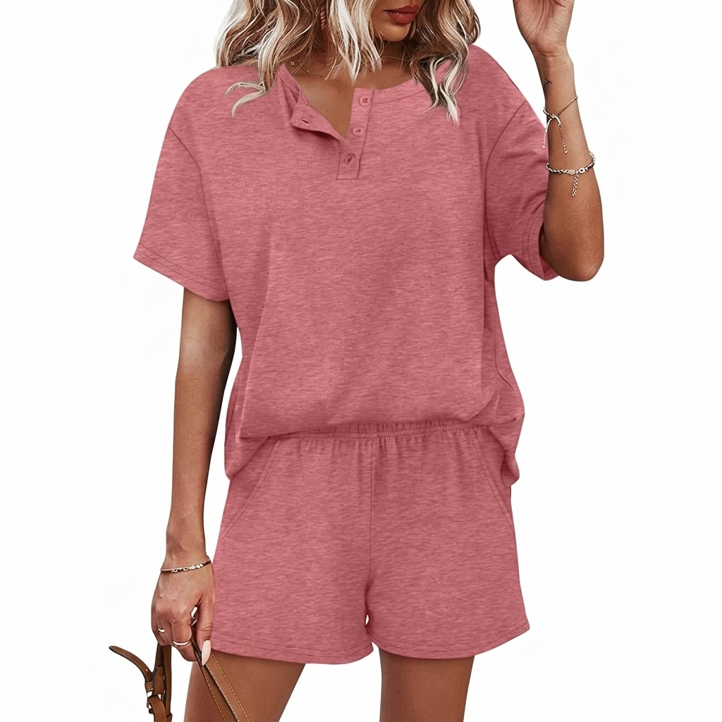 2 Piece Of Button Down Short Sleeve Tops And Shorts Set With Pockets For Women