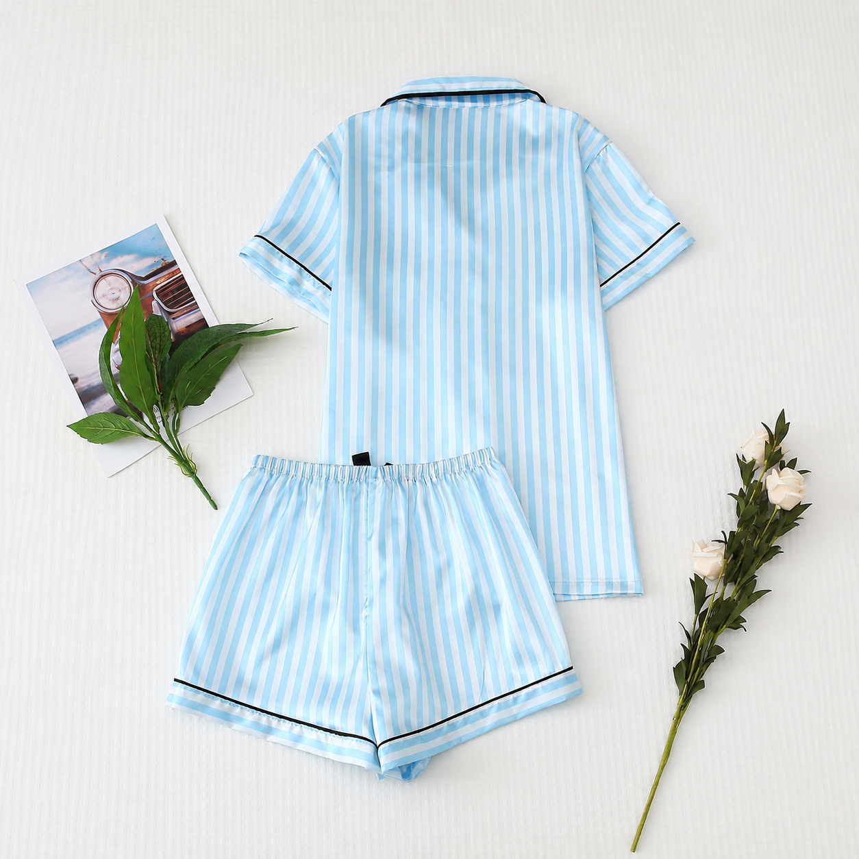 2 Piece Of Short Sleeve Button Front Top With Striped Shorts Sleepwear Pajama Set For Women