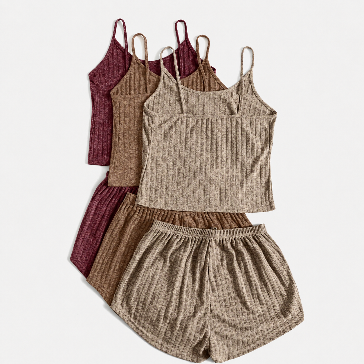 Pack Of 3 Of Solid Ribbed Knit Camisole Top And Shorts Pajama Set For Women