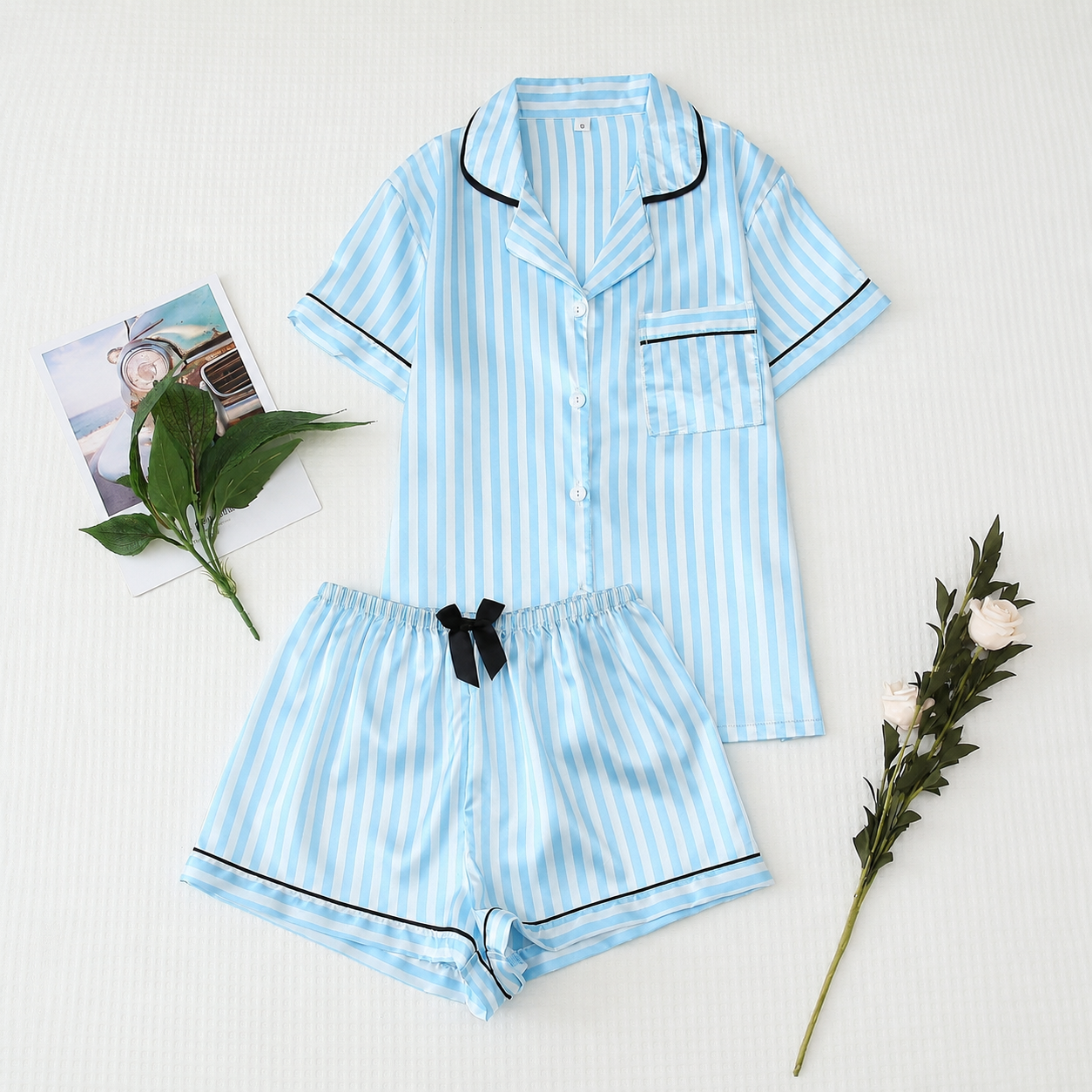 2 Piece Of Short Sleeve Button Front Top With Striped Shorts Sleepwear Pajama Set For Women