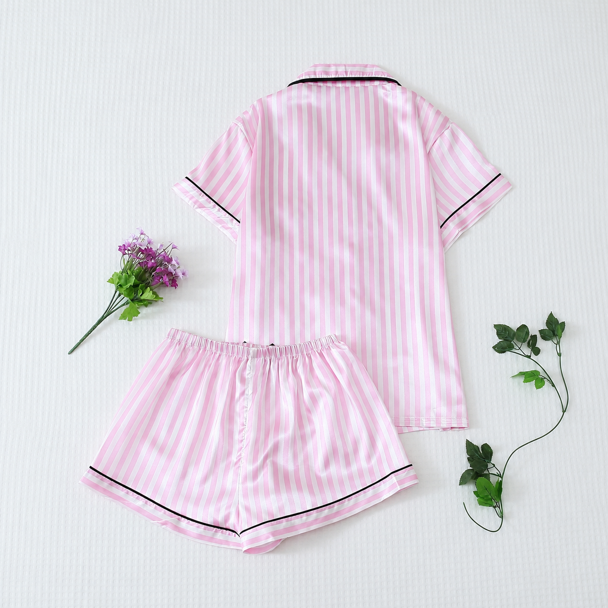 2 Piece Of Short Sleeve Button Front Top With Striped Shorts Sleepwear Pajama Set For Women