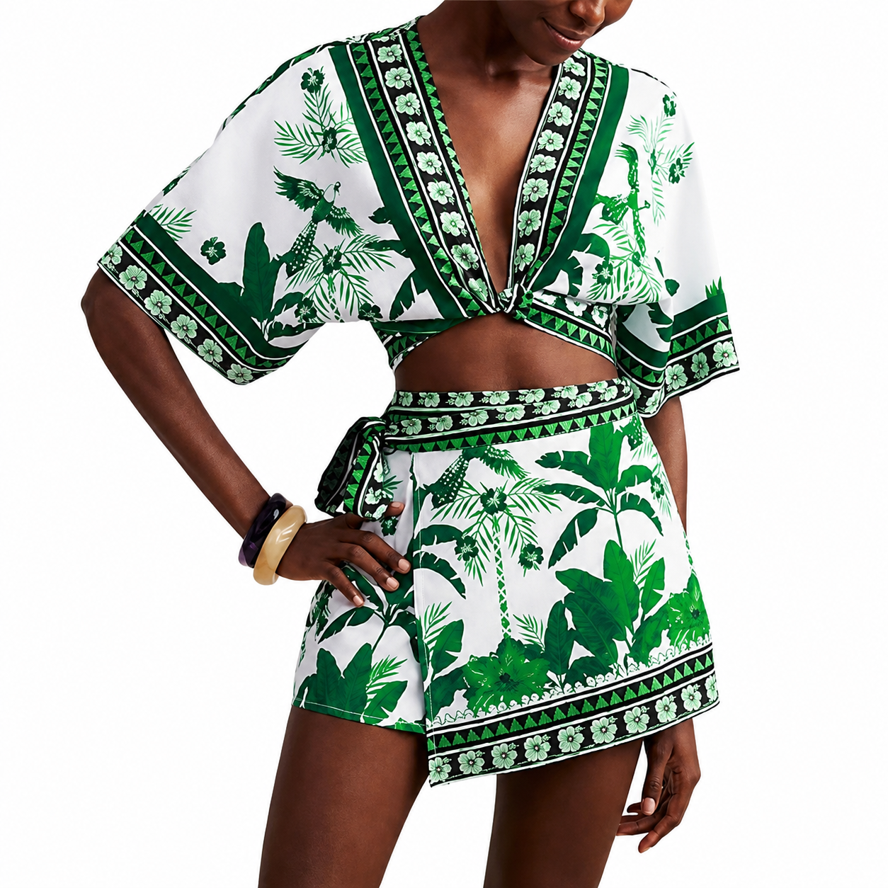 2 Piece Of Tropical Print Half Sleeve Top And Wrap Skirts Set For Women