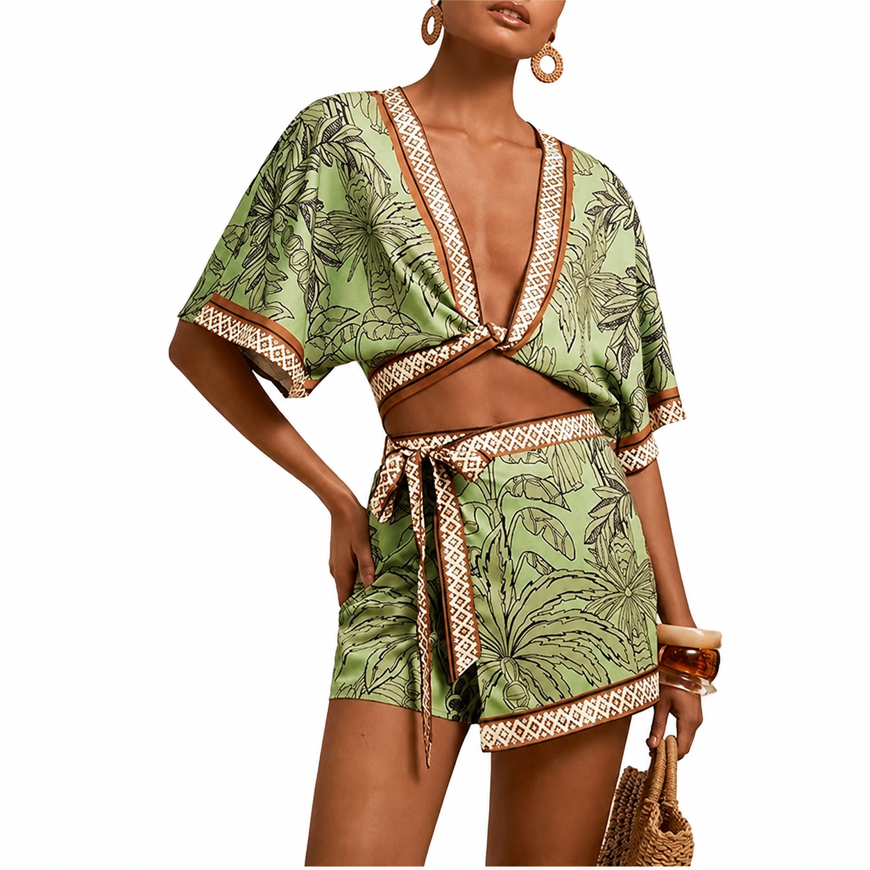 2 Piece Of Tropical Print Half Sleeve Top And Wrap Skirts Set For Women