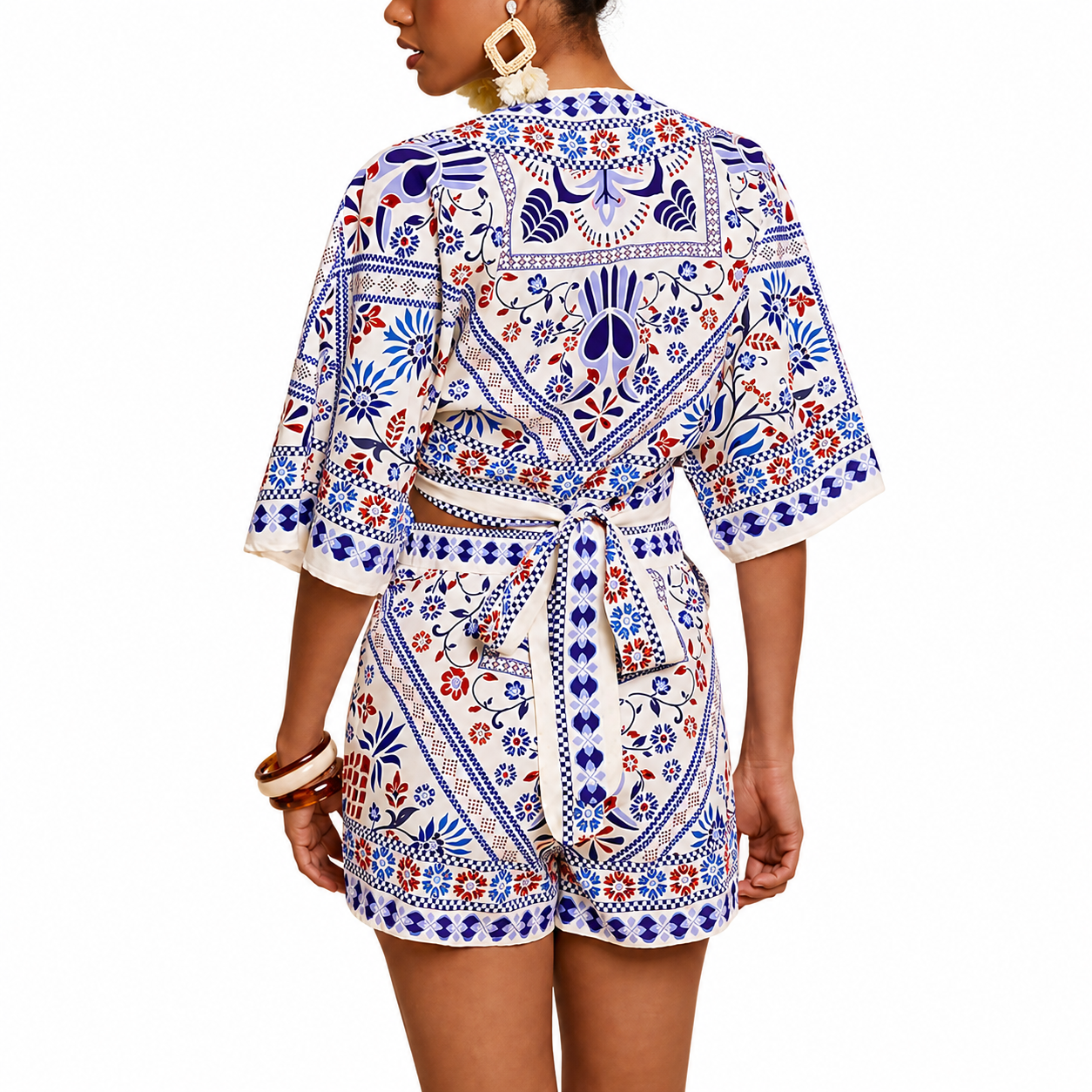 2 Piece Of Tropical Print Half Sleeve Top And Wrap Skirts Set For Women