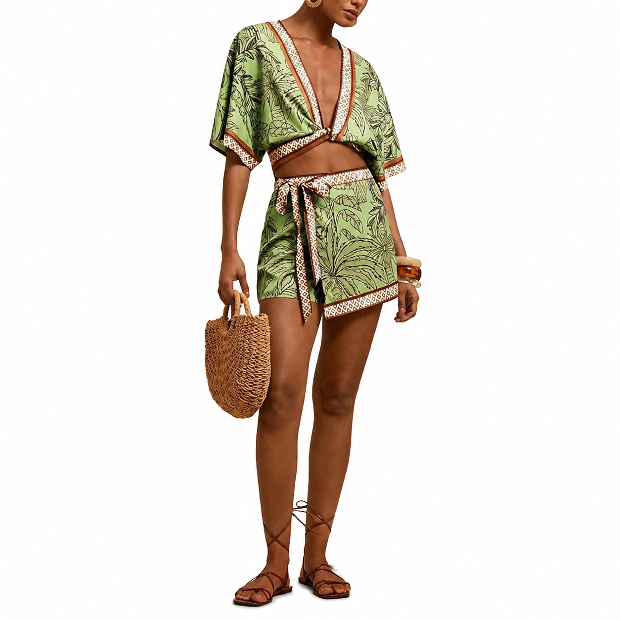 2 Piece Of Tropical Print Half Sleeve Top And Wrap Skirts Set For Women