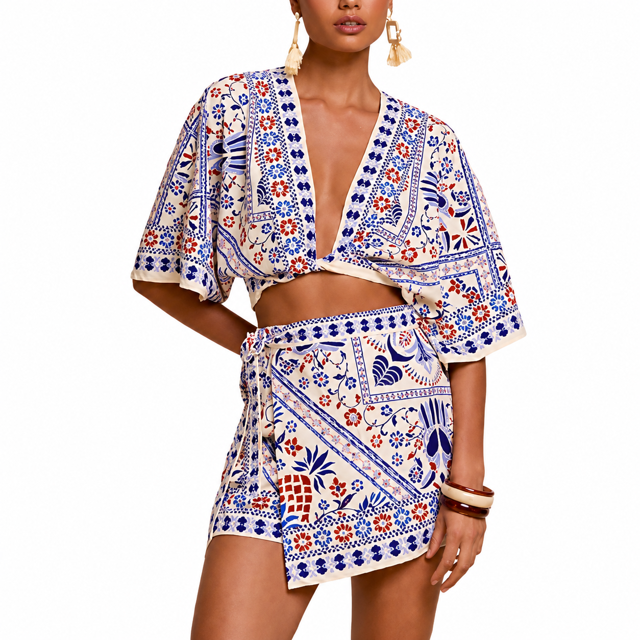 2 Piece Of Tropical Print Half Sleeve Top And Wrap Skirts Set For Women