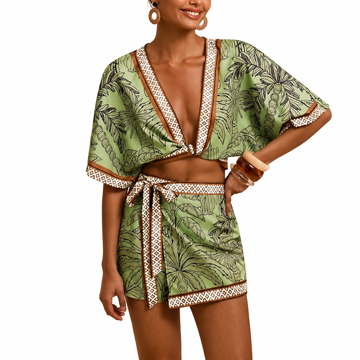 2 Piece Of Tropical Print Half Sleeve Top And Wrap Skirts Set For Women