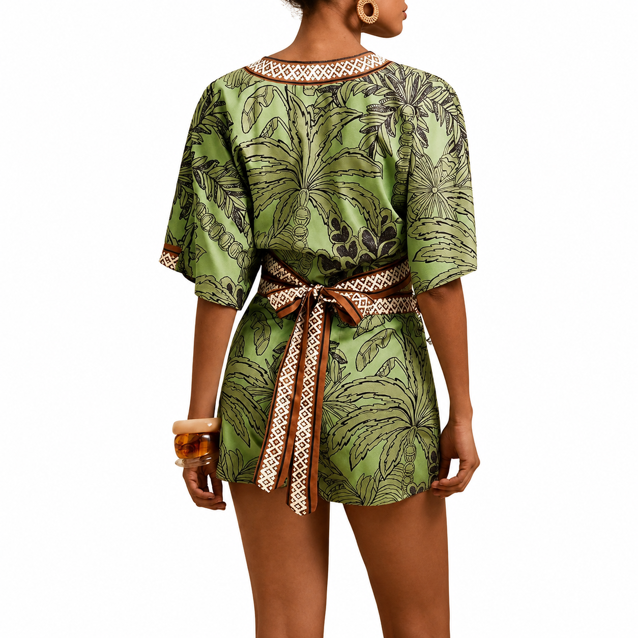2 Piece Of Tropical Print Half Sleeve Top And Wrap Skirts Set For Women
