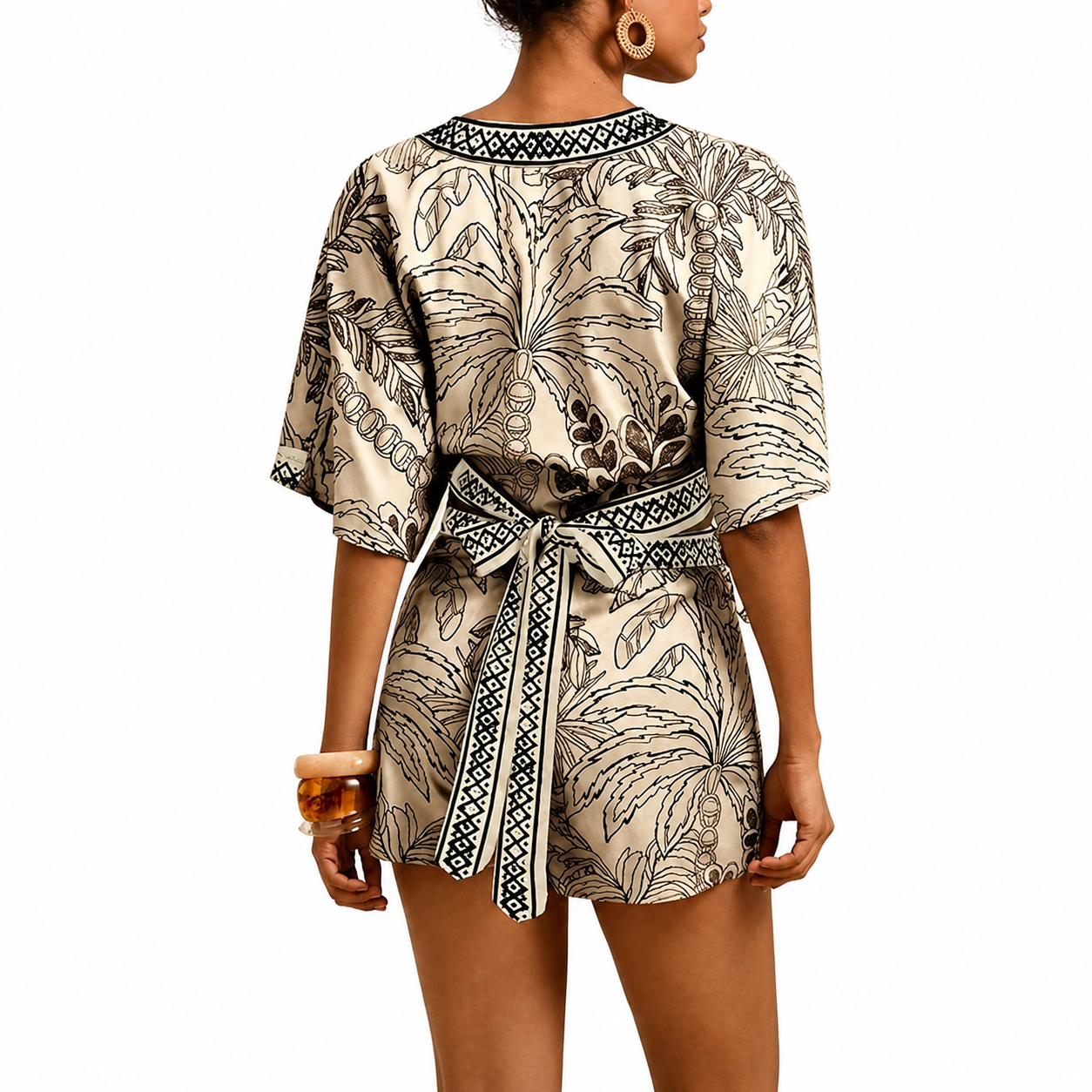 2 Piece Of Tropical Print Half Sleeve Top And Wrap Skirts Set For Women