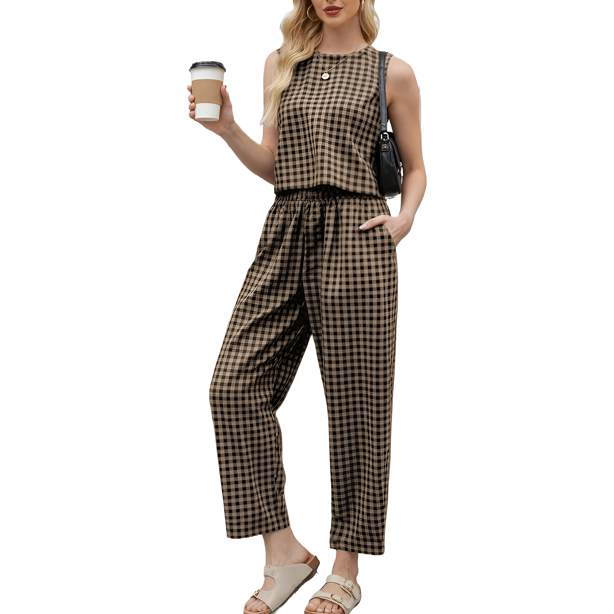 2 Piece Of Checkered Sleeveless Tank Top And Wide Pants Matching Lounge Set
