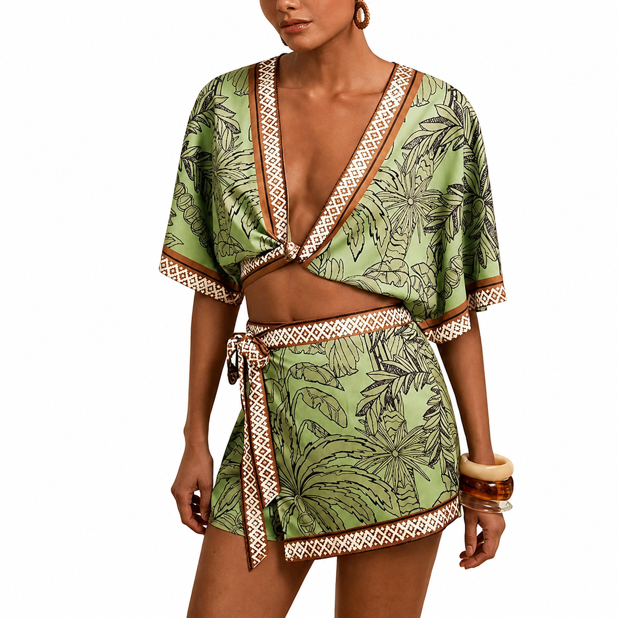2 Piece Of Tropical Print Half Sleeve Top And Wrap Skirts Set For Women