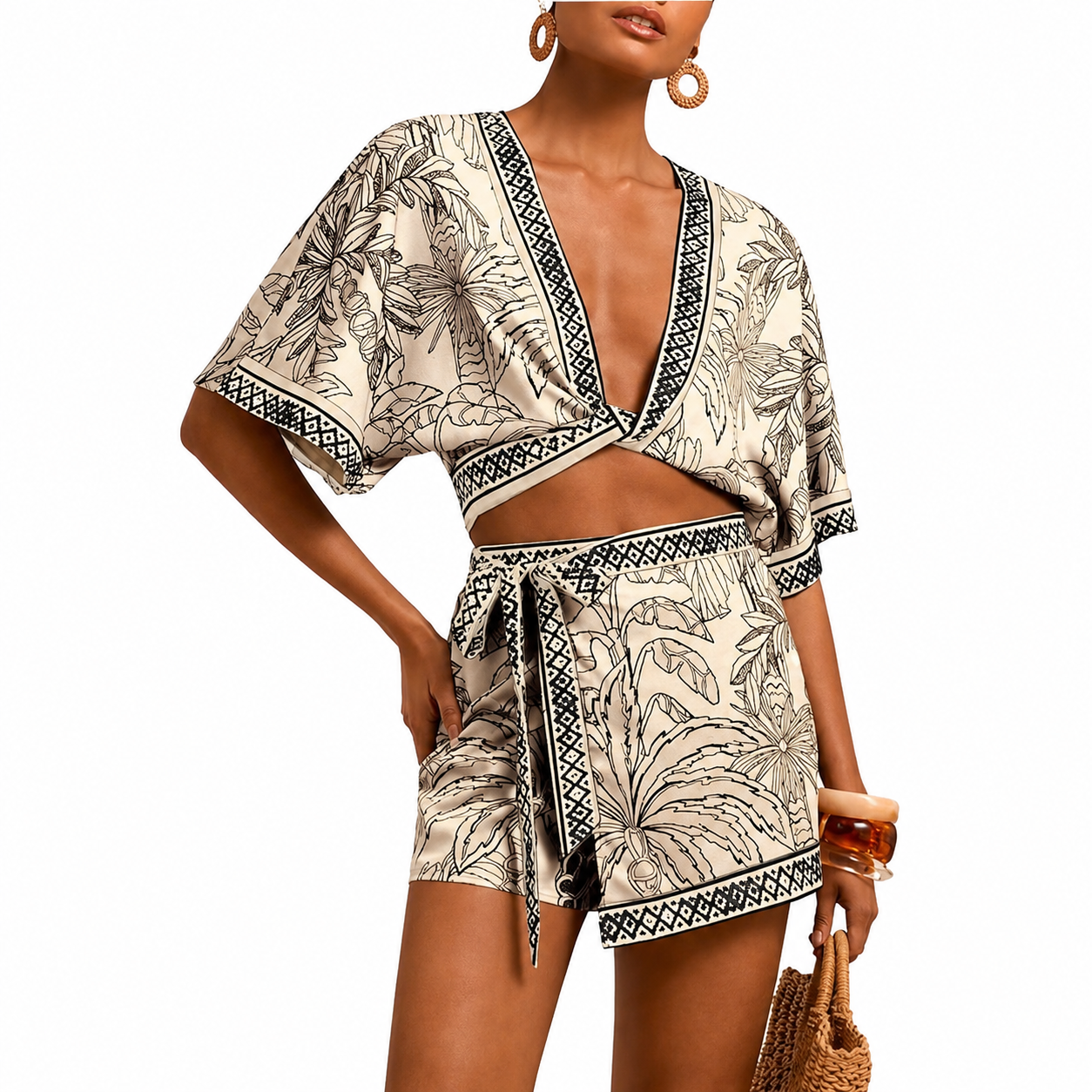 2 Piece Of Tropical Print Half Sleeve Top And Wrap Skirts Set For Women