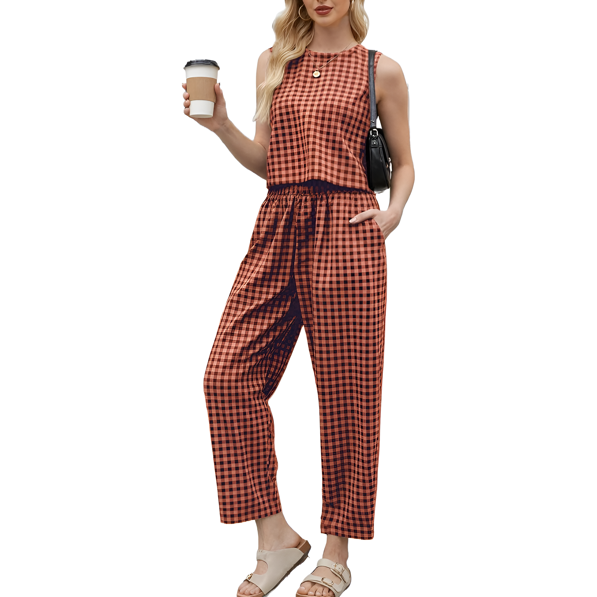 2 Piece Of Checkered Sleeveless Tank Top And Wide Pants Matching Lounge Set