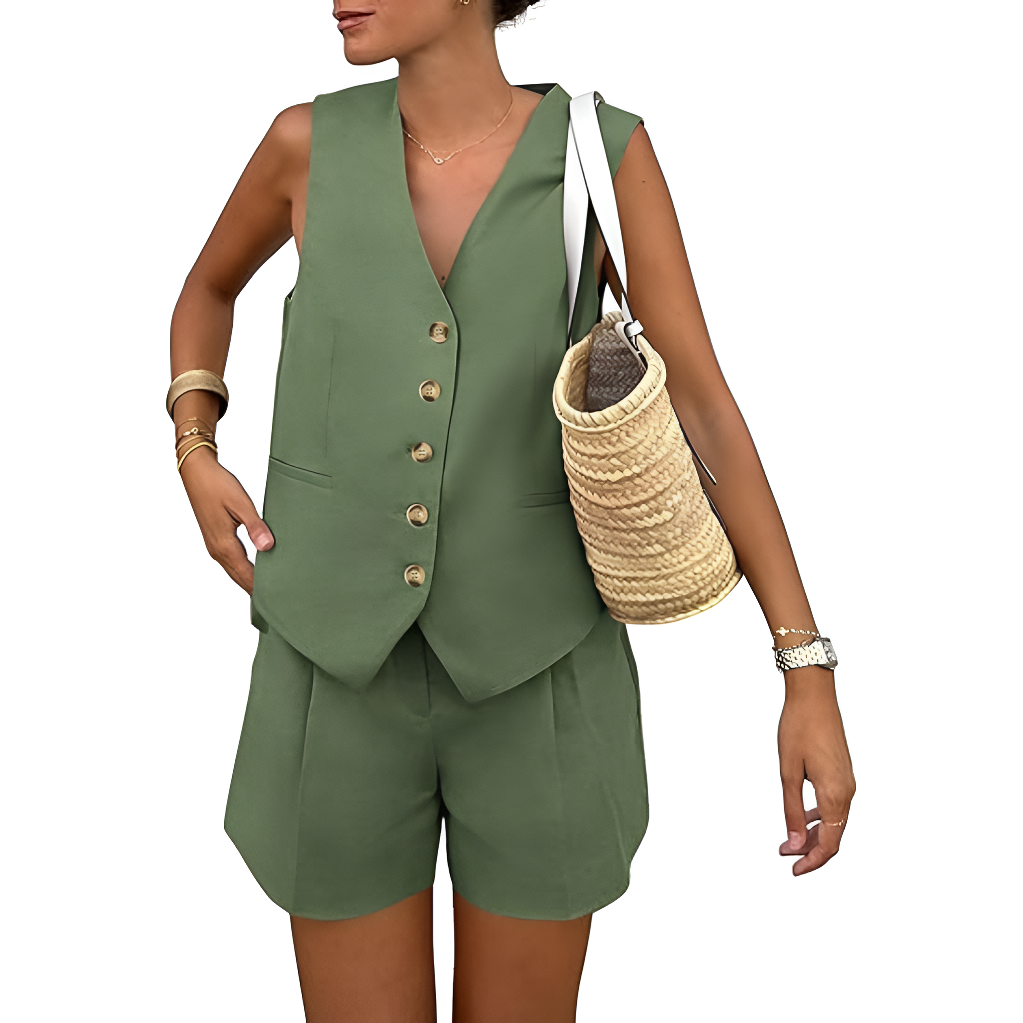 2 Pieces Of Summer Wear Sleeveless Button Down Vest And Shorts Matching Set