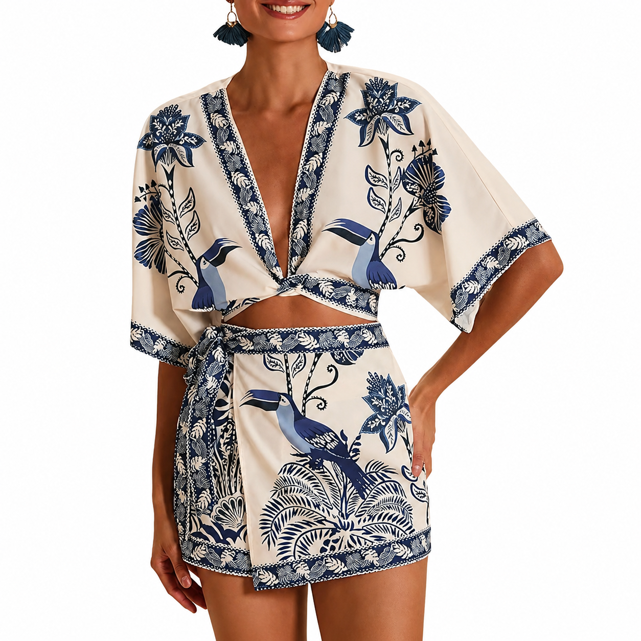 2 Piece Of Tropical Print Half Sleeve Top And Wrap Skirts Set For Women