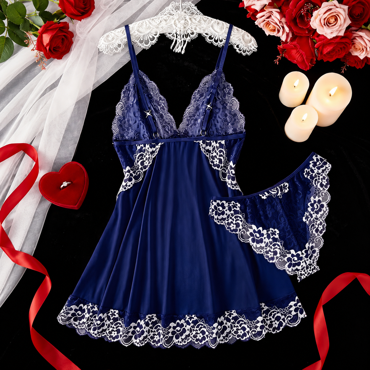 2 Piece Floral Lace Nightdress Set With Matching Briefs For Women