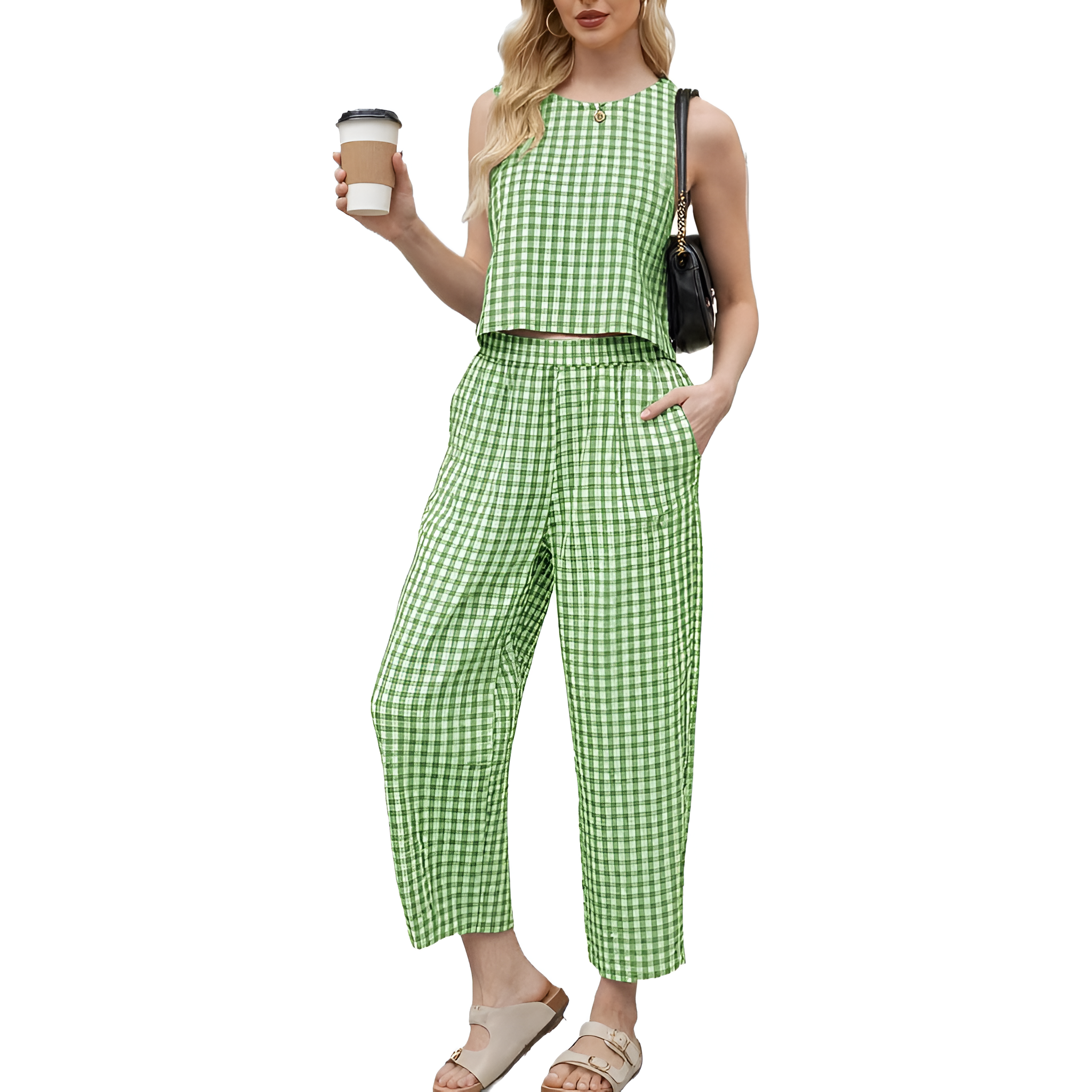 2 Piece Of Checkered Sleeveless Tank Top And Wide Pants Matching Lounge Set