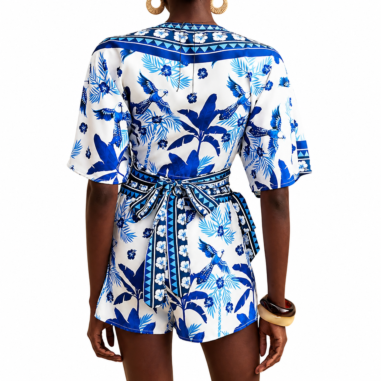2 Piece Of Tropical Print Half Sleeve Top And Wrap Skirts Set For Women