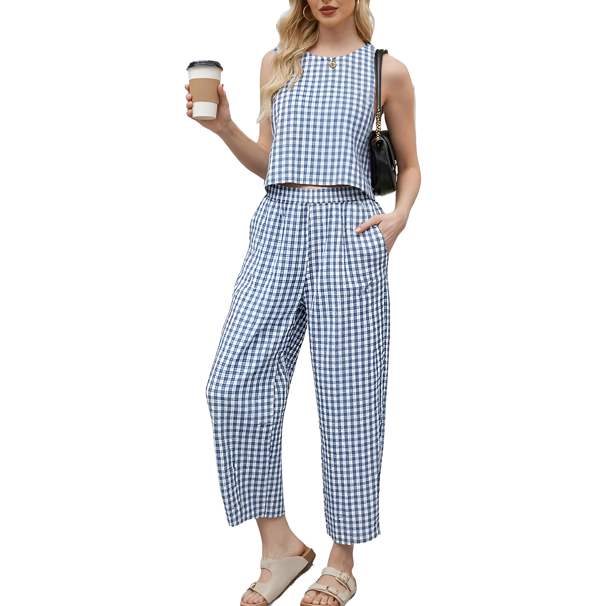 2 Piece Of Checkered Sleeveless Tank Top And Wide Pants Matching Lounge Set