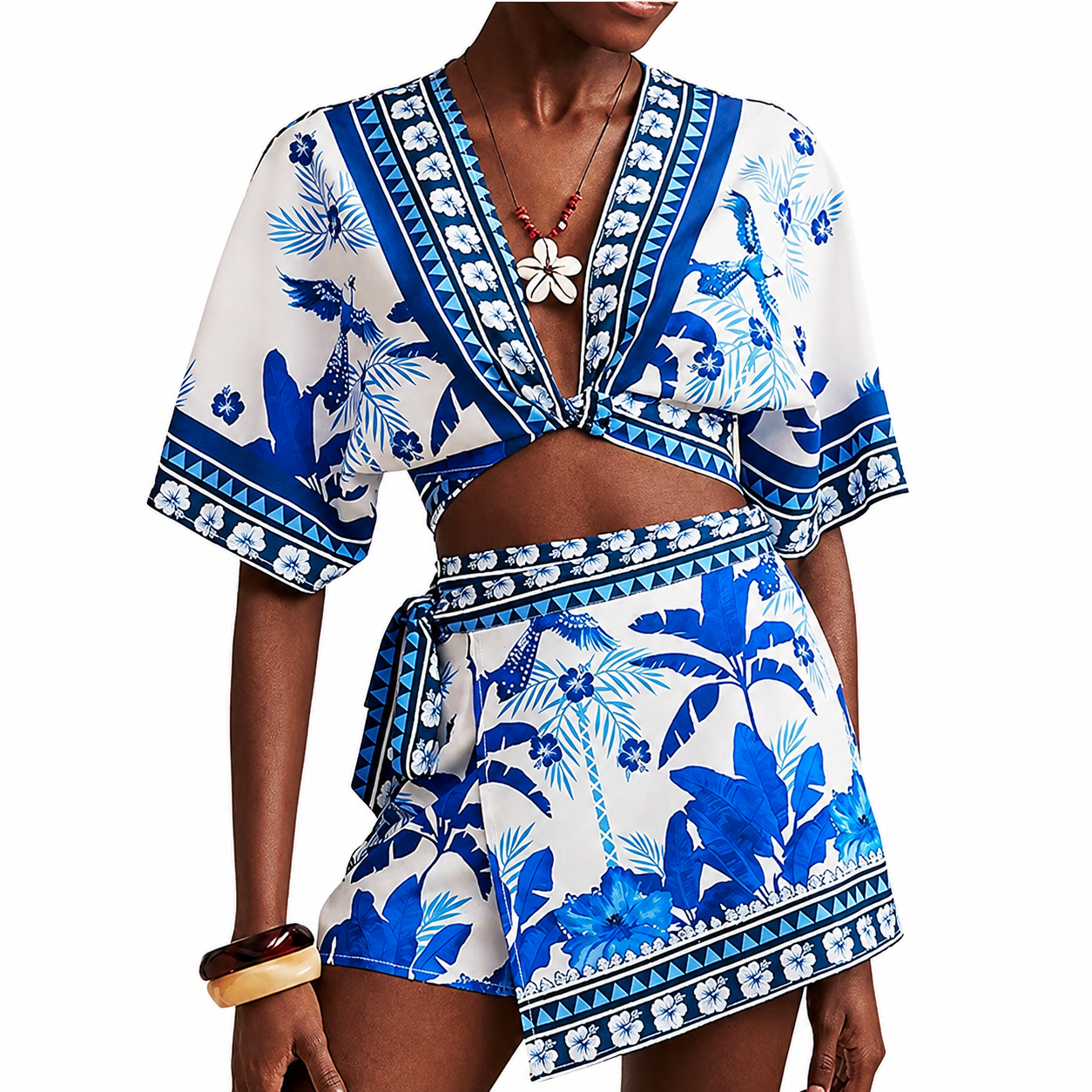 2 Piece Of Tropical Print Half Sleeve Top And Wrap Skirts Set For Women