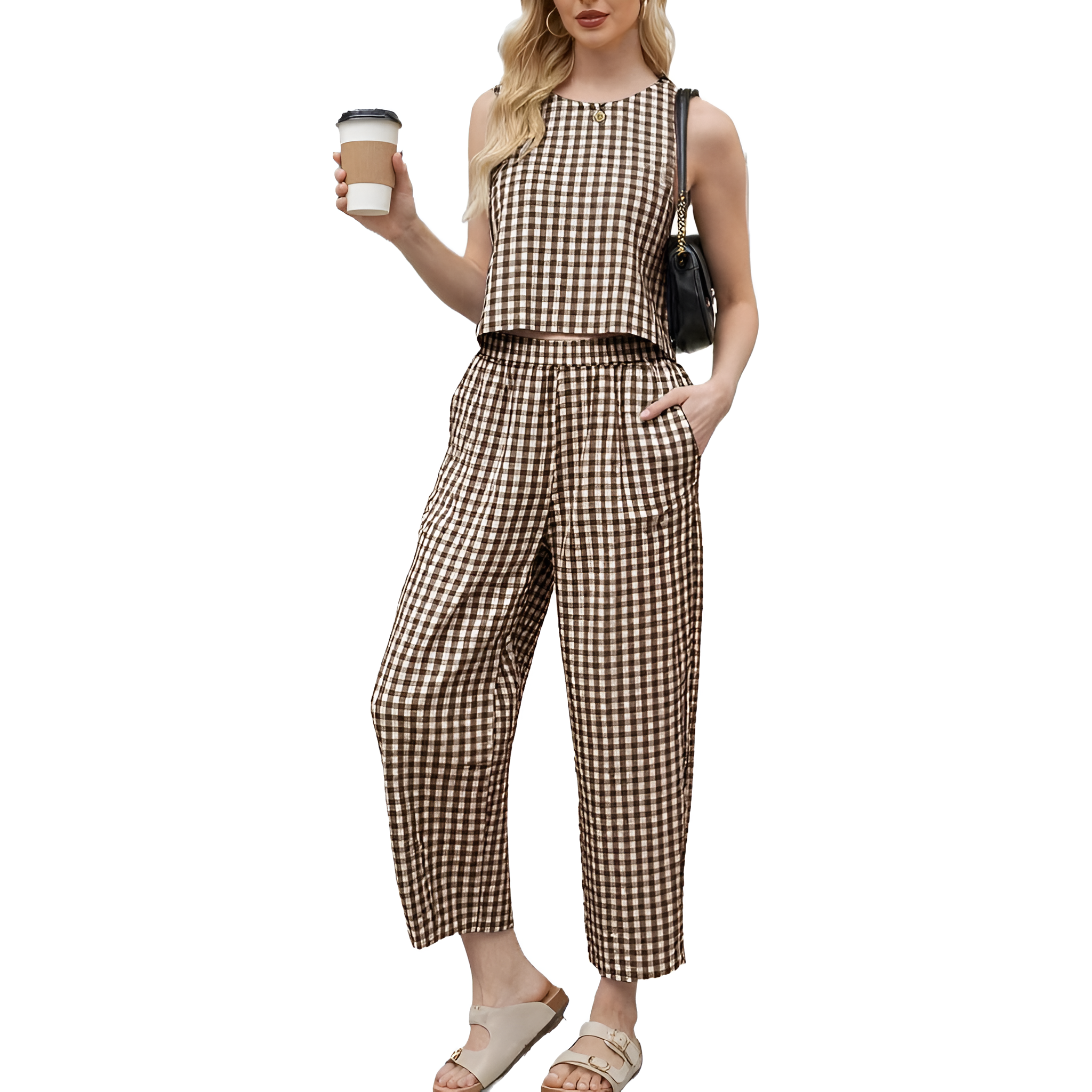 2 Piece Of Checkered Sleeveless Tank Top And Wide Pants Matching Lounge Set