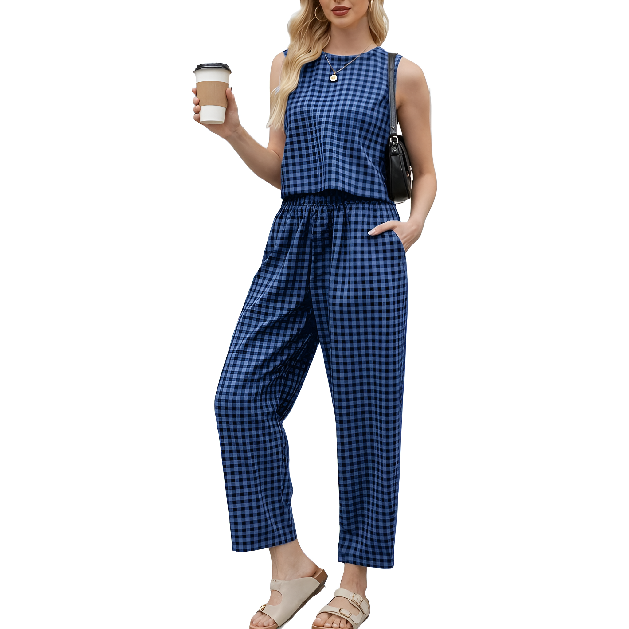 2 Piece Of Checkered Sleeveless Tank Top And Wide Pants Matching Lounge Set