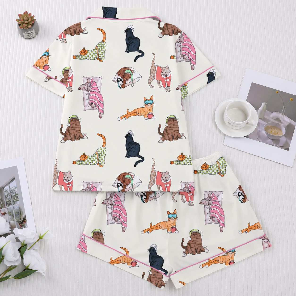 Cartoon Print Button Front Two Piece Pajama Shorts Set For Women