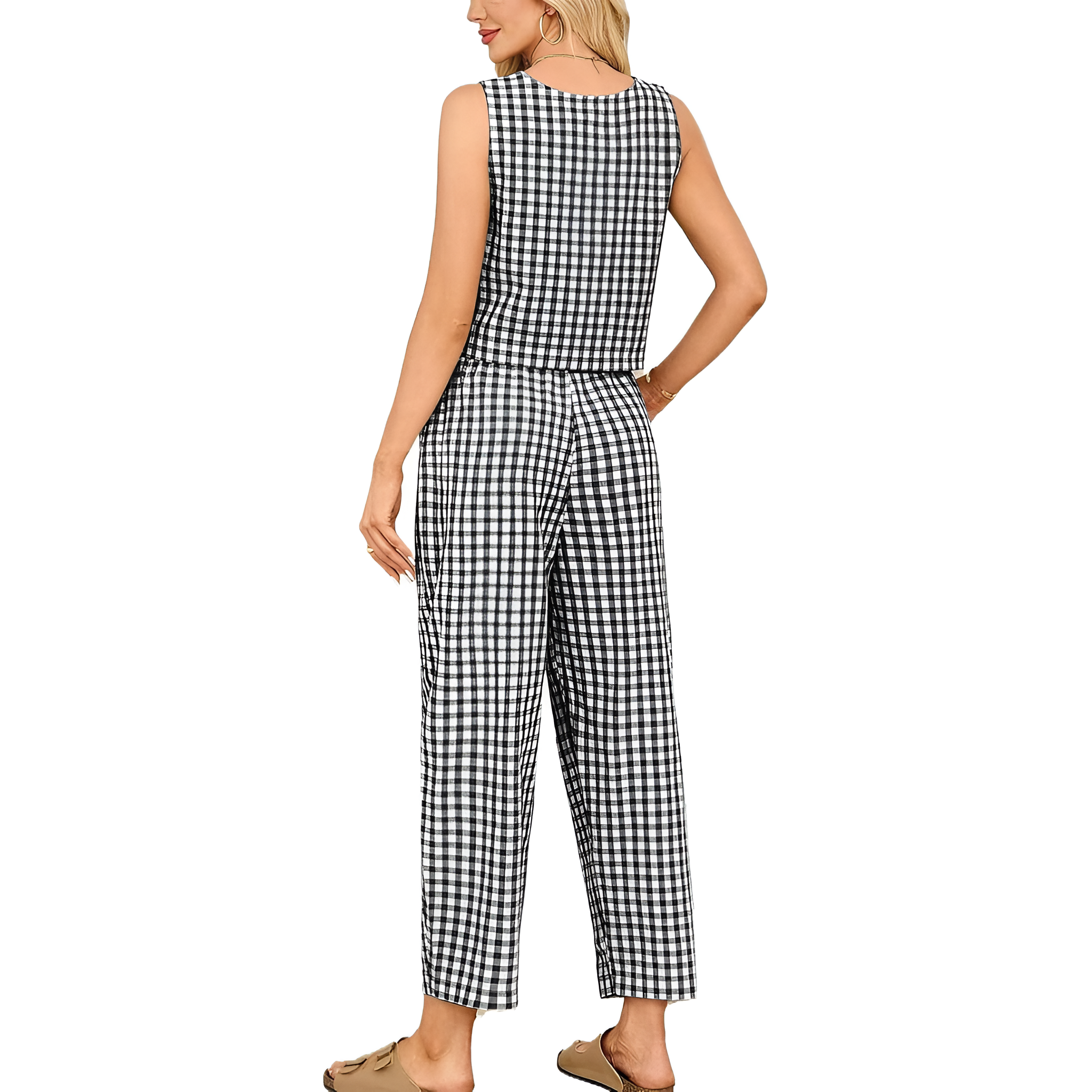2 Piece Of Checkered Sleeveless Tank Top And Wide Pants Matching Lounge Set