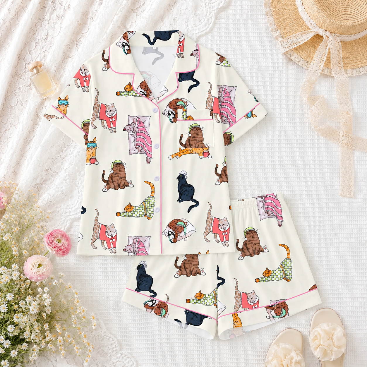 Cartoon Print Button Front Two Piece Pajama Shorts Set For Women