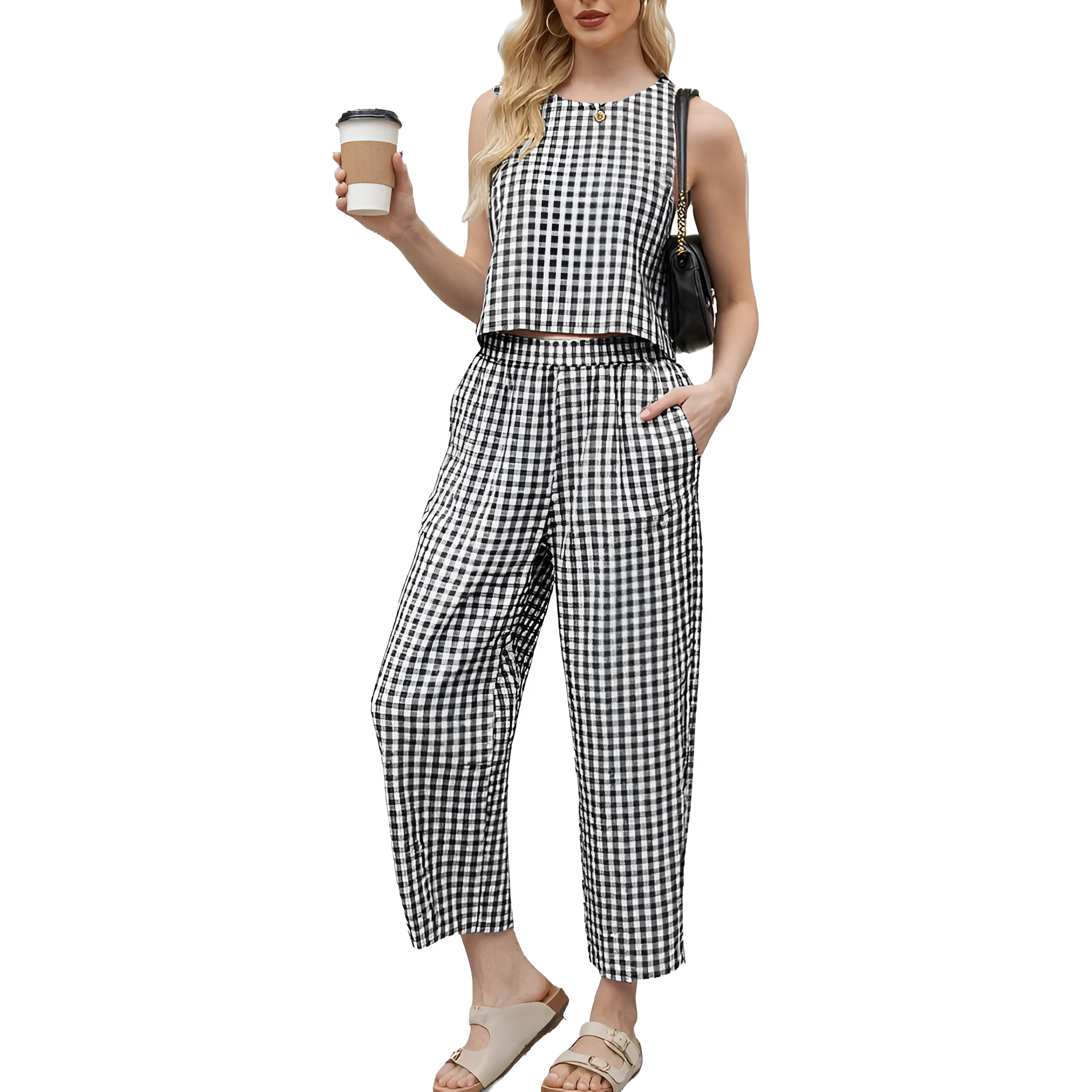 2 Piece Of Checkered Sleeveless Tank Top And Wide Pants Matching Lounge Set