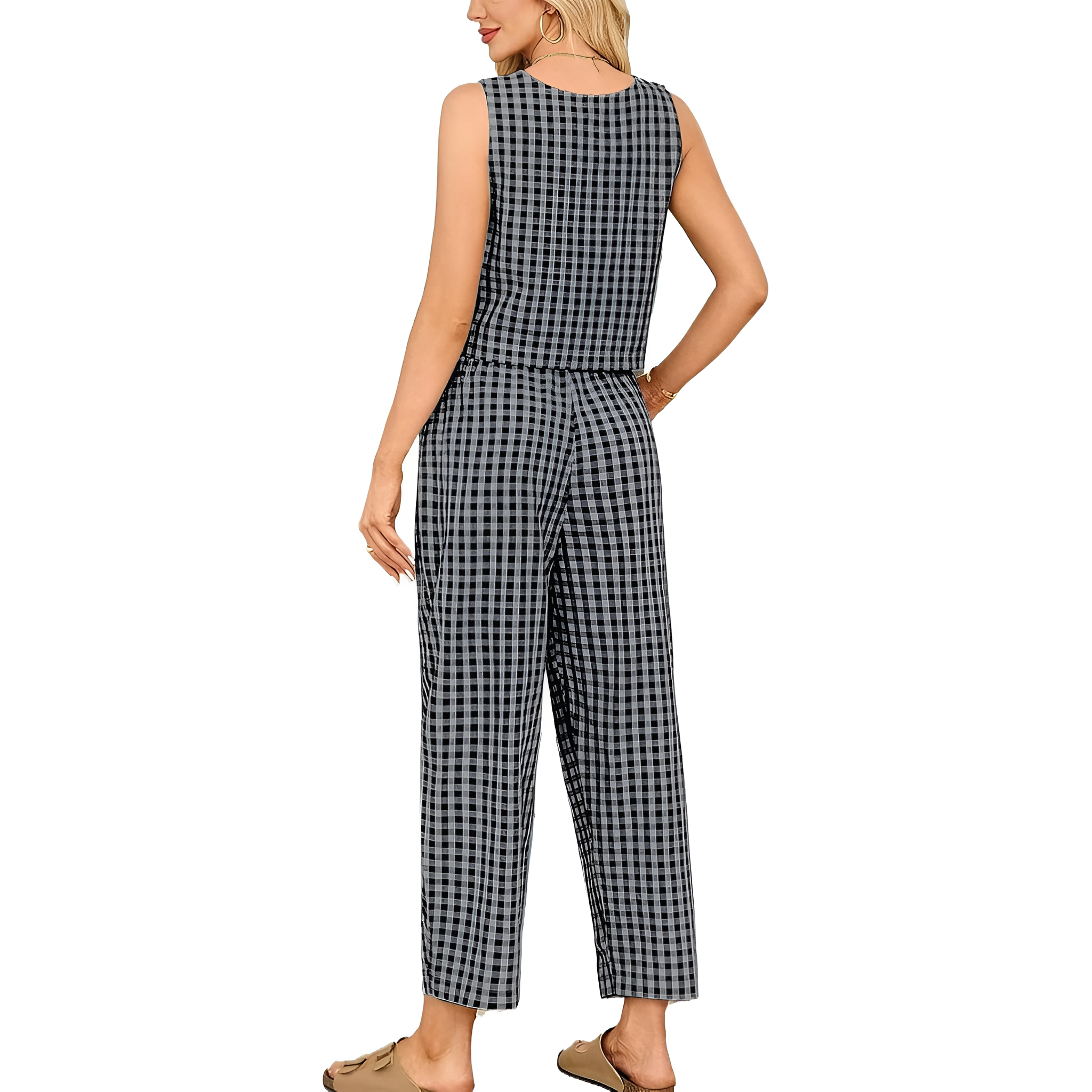2 Piece Of Checkered Sleeveless Tank Top And Wide Pants Matching Lounge Set