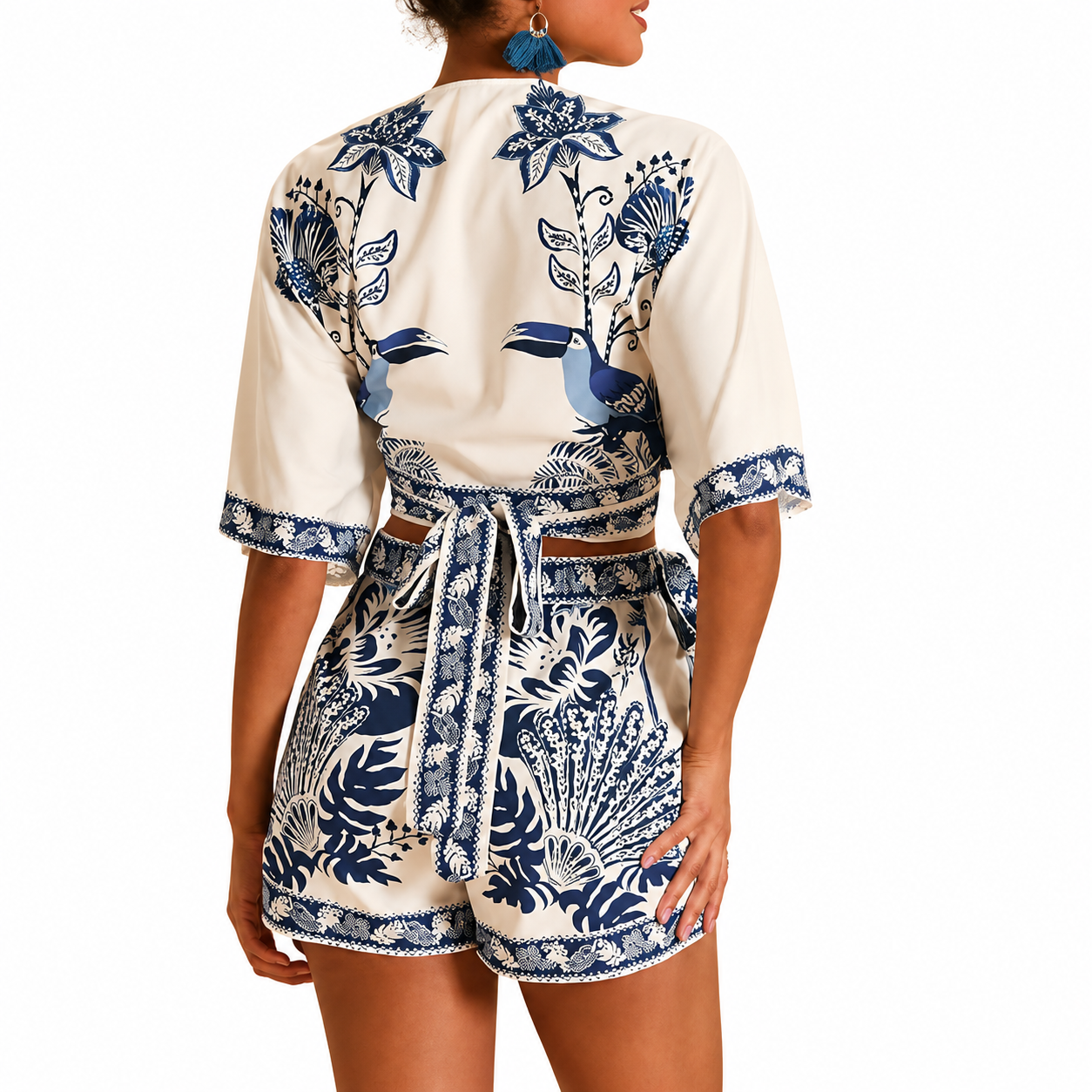 2 Piece Of Tropical Print Half Sleeve Top And Wrap Skirts Set For Women