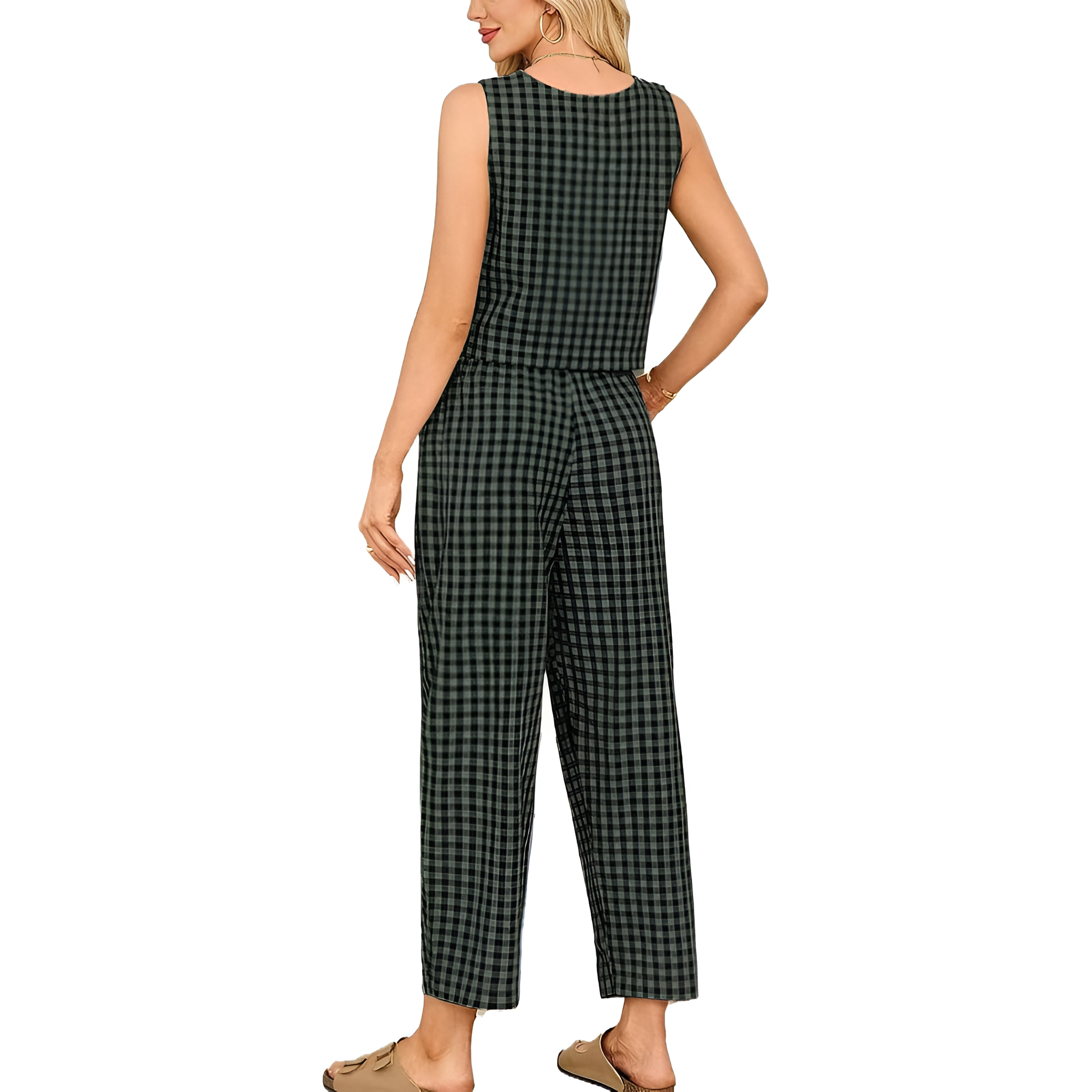 2 Piece Of Checkered Sleeveless Tank Top And Wide Pants Matching Lounge Set